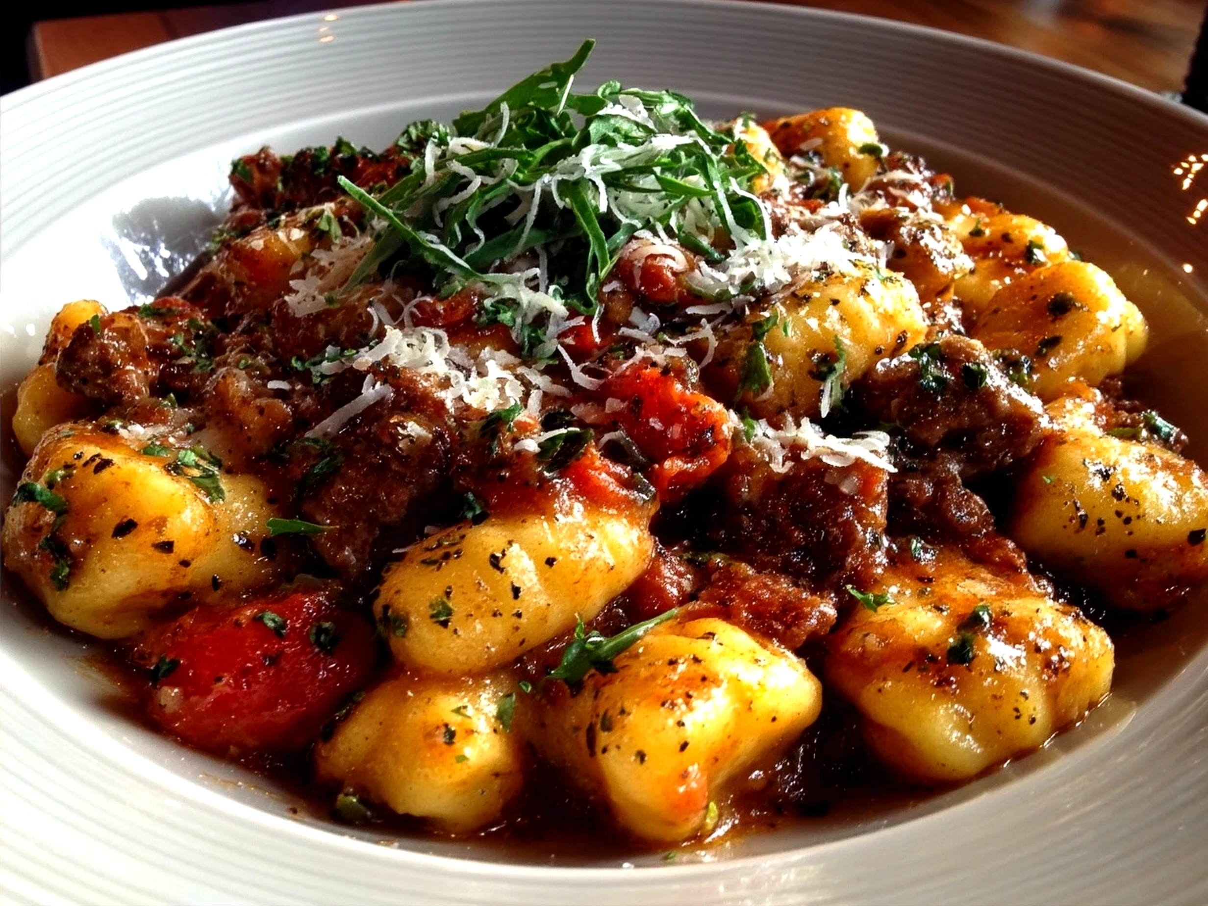 Plated sausage gnocchi served in a rustic bowl garnished with fresh basil and Parmesan cheese