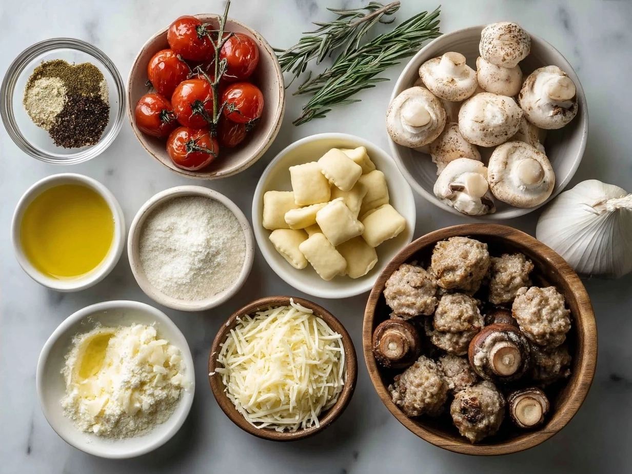 Ingredients for sausage gnocchi including Italian sausage, potato gnocchi, olive oil, garlic, onion, heavy cream, tomatoes, Parmesan cheese, and seasonings