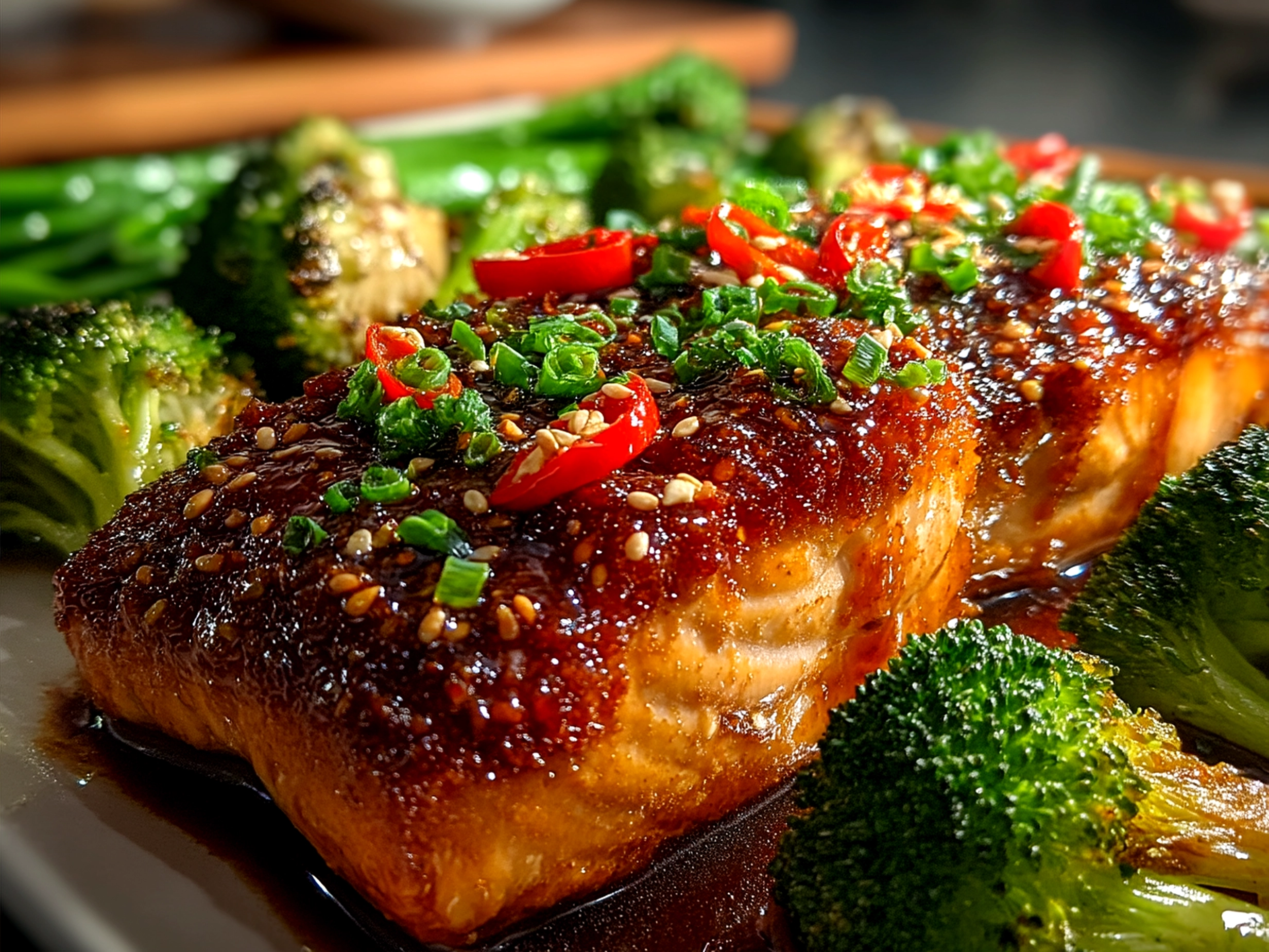 Sheet Pan Teriyaki Salmon served with roasted vegetables, garnished with sesame seeds and green onions