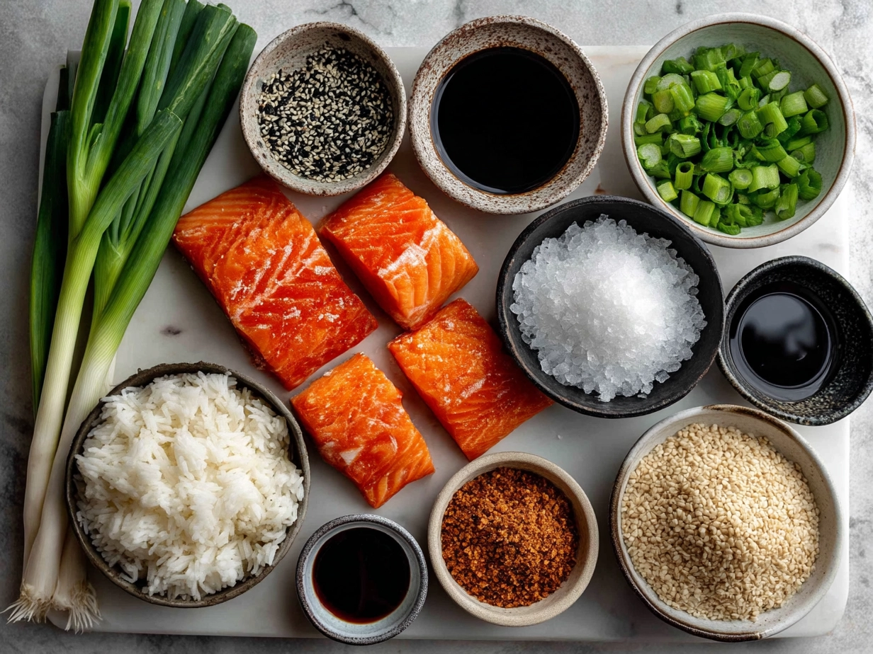 Ingredients for Sheet Pan Teriyaki Salmon including fresh salmon fillets, soy sauce, honey, ginger, garlic, sesame oil, and an assortment of vegetables