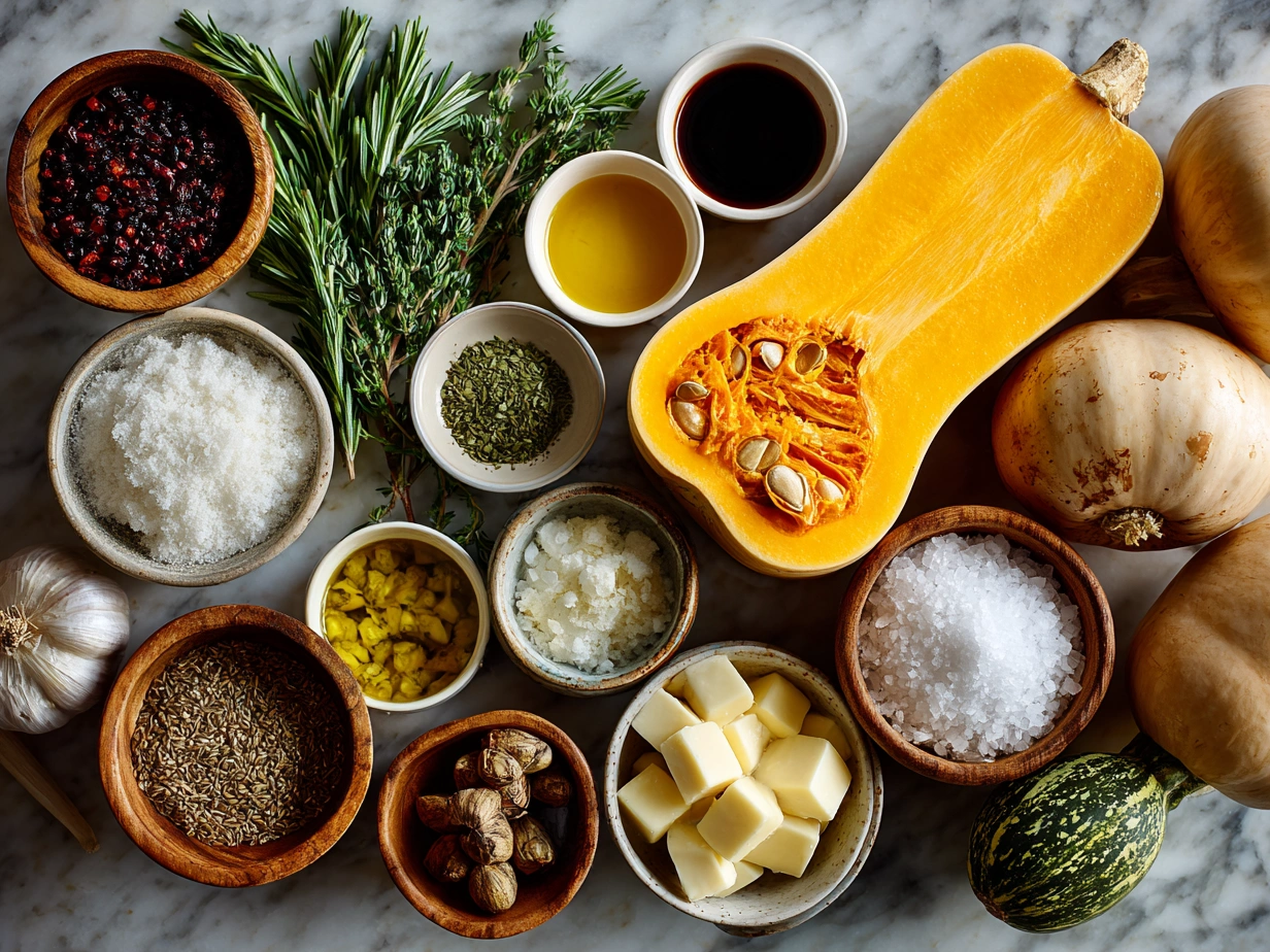 Ingredients for Simanim Stuffed Butternut Squash including butternut squash, apples, walnuts, and dried apricots