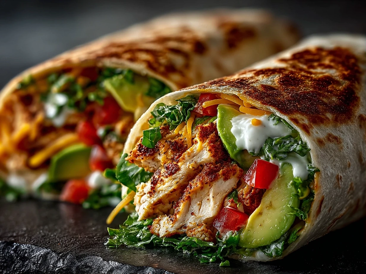 Slight angle close-up of finished Chicken Avocado Ranch Burritos plated and ready to serve