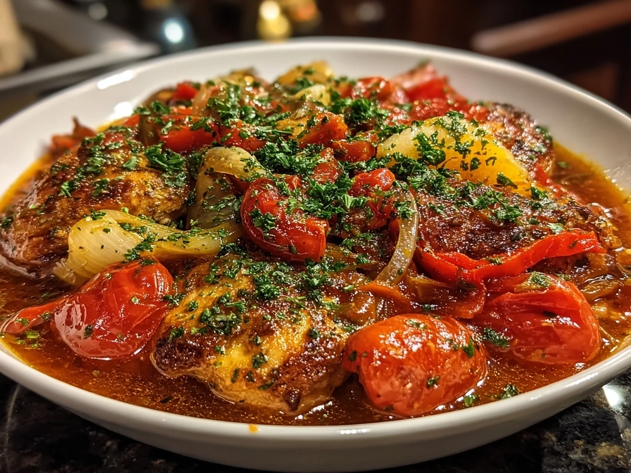 Slight angle close up of finished Chicken Cacciatore in a rustic bowl, rich tomato sauce coating tender chicken