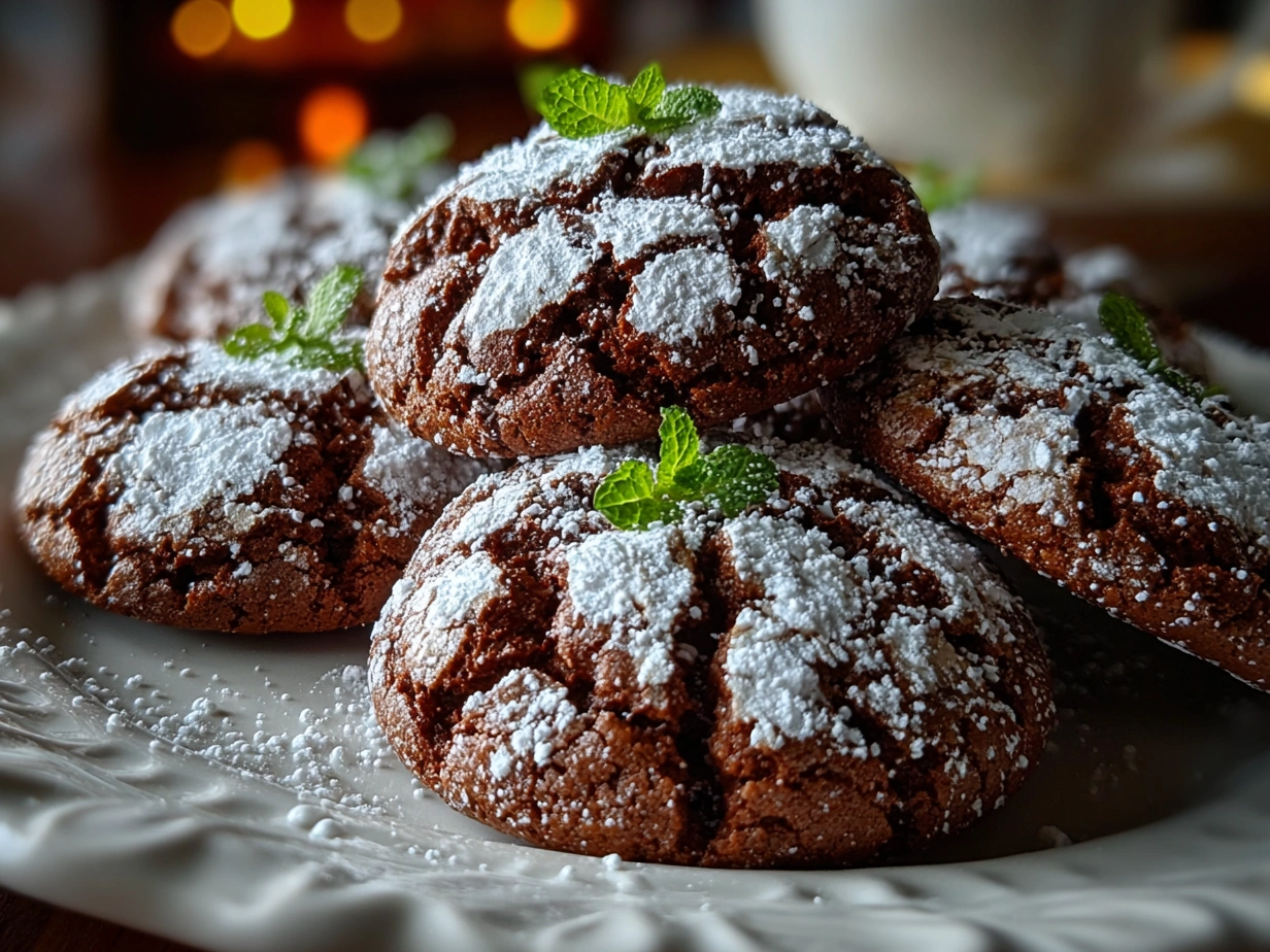 Close-up of finished Chocolate Mint Crinkles showing crackled powdered sugar tops