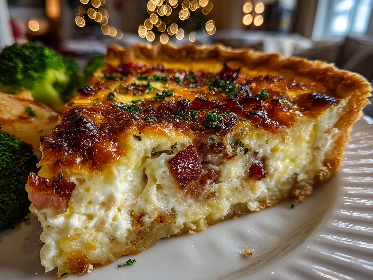Slight angle close-up of finished Christmas Morning Quiche with golden top and filling visible