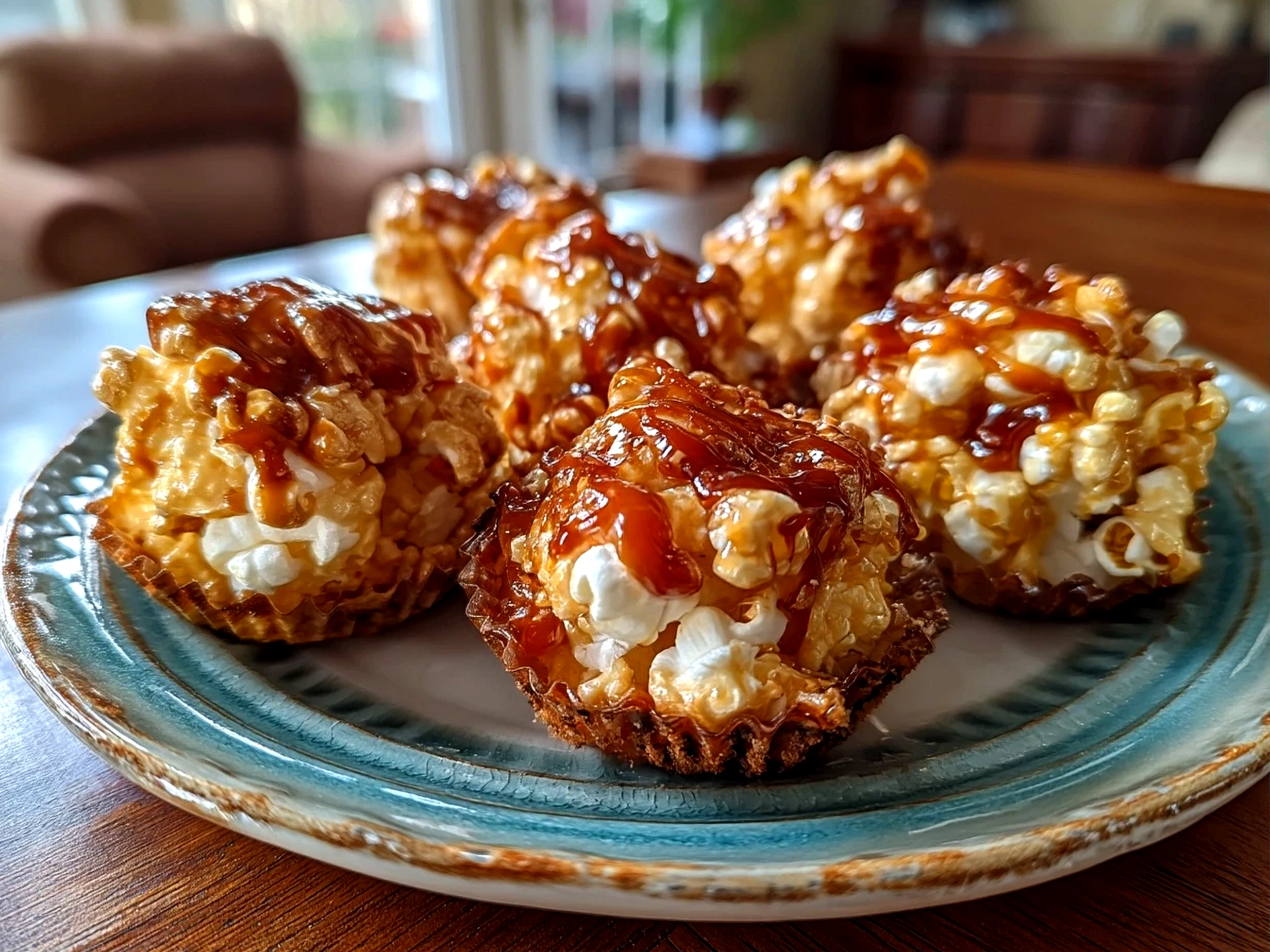 Close-up of finished comforting Caramel Popcorn Balls served in a bowl