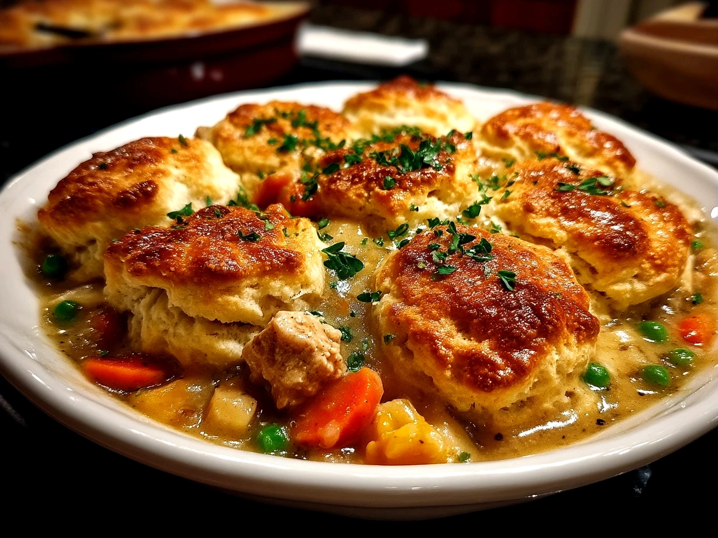 Slight angle close-up of finished comforting Turkey Pot Pie with Biscuit Topping