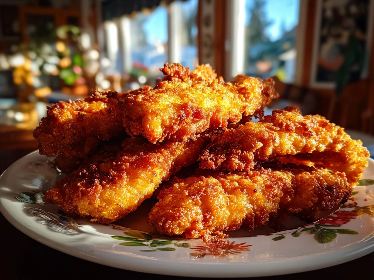 Slight angle close-up of finished golden brown Crispy Chicken Tenders with Dipping Sauce
