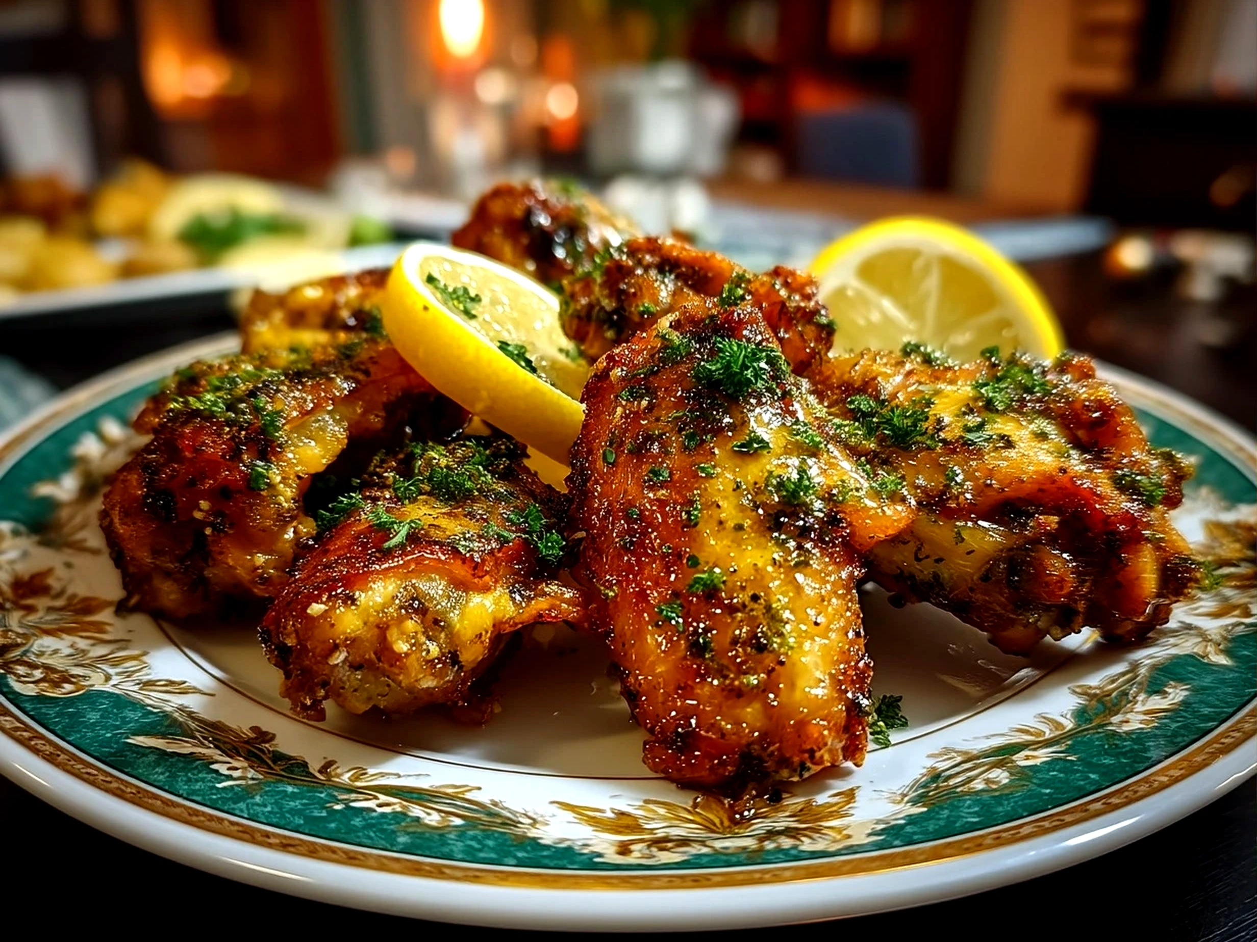 Slight angle close-up of finished delicious lemon pepper wings