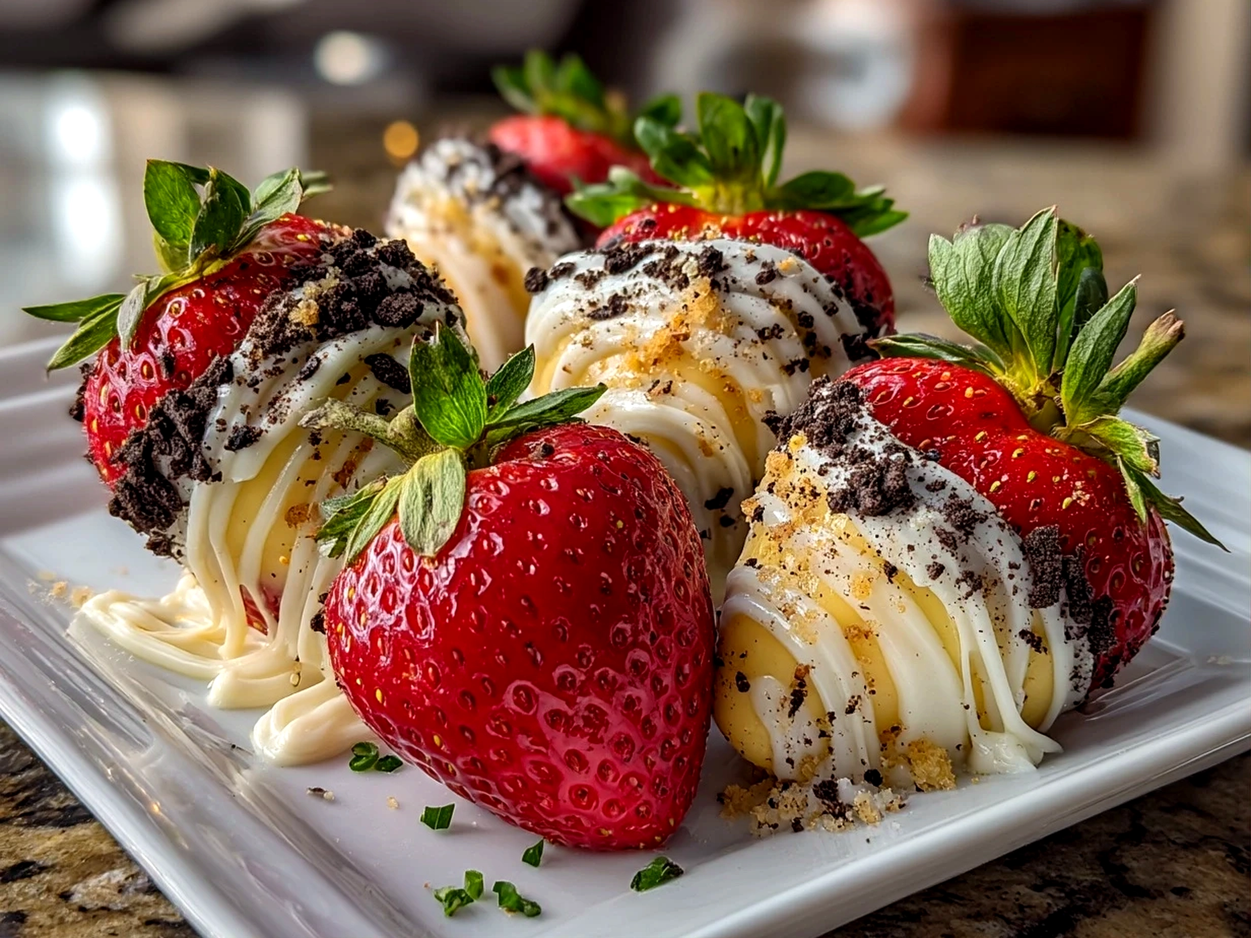 Close-up of finished Oreo Truffle-Stuffed Strawberries arranged on serving platter