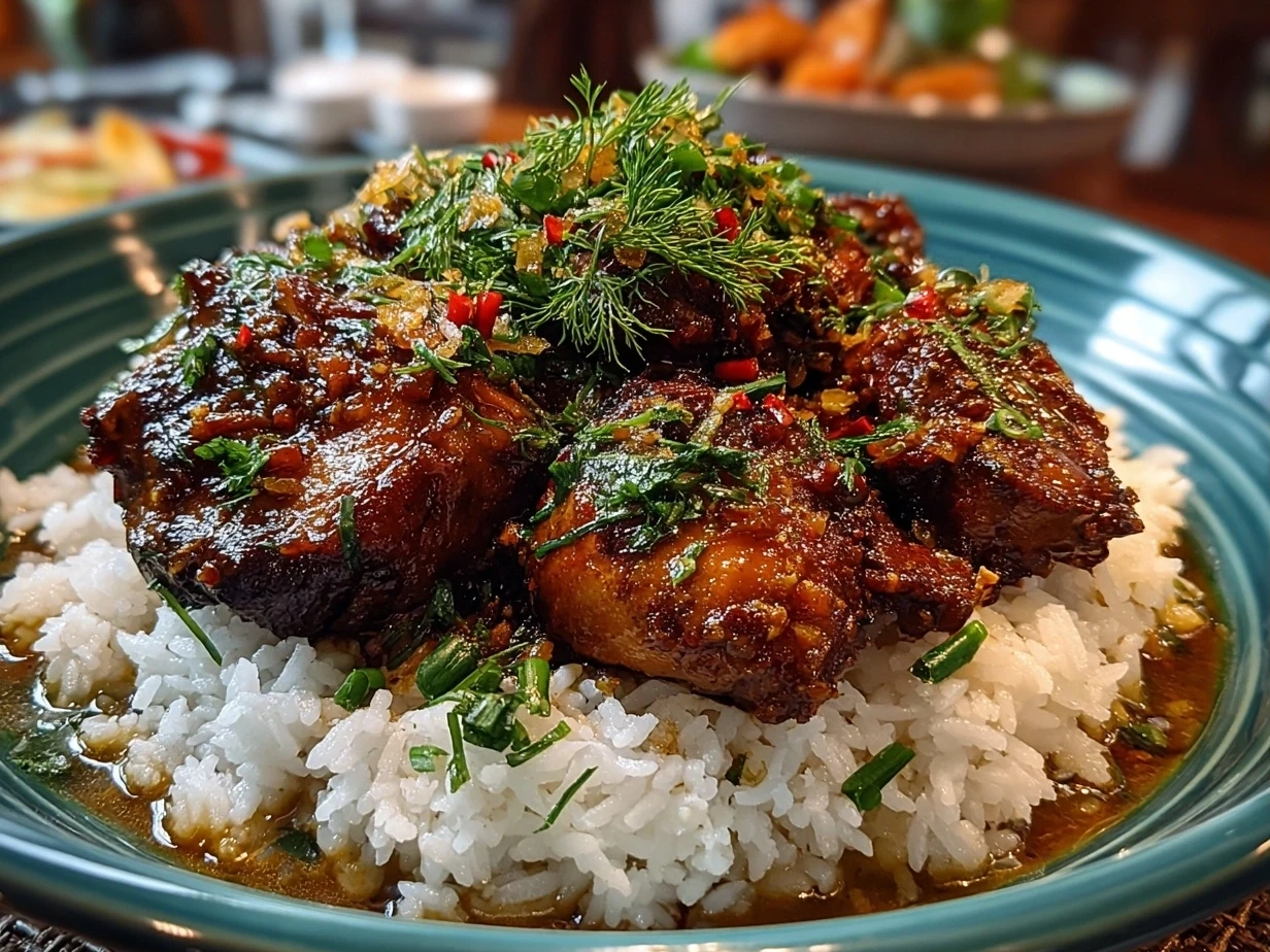 Slight angle close-up of finished Filipino Chicken Adobo plated and ready to eat