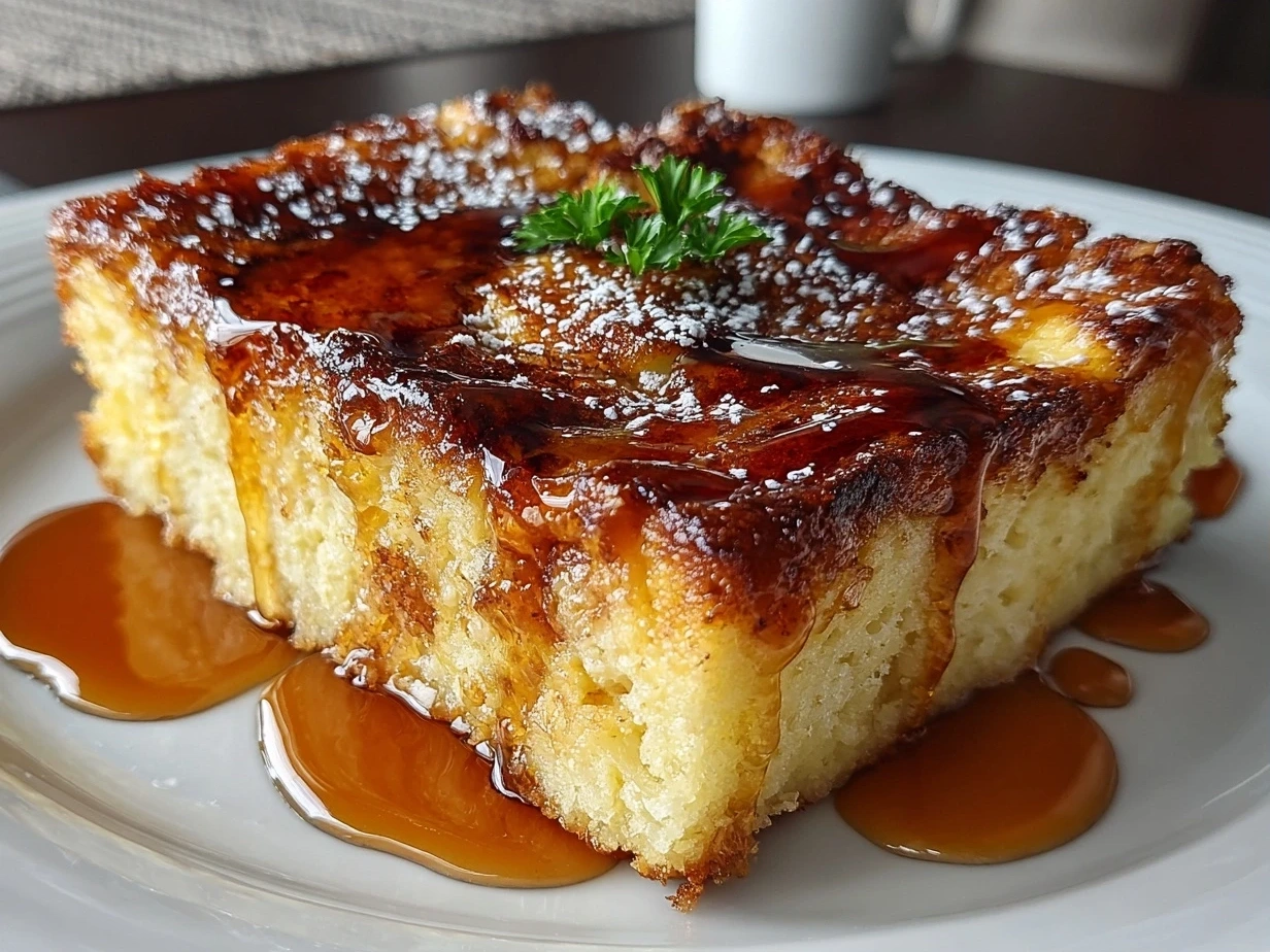 Slight angle close-up of a freshly baked French Toast Bake with a golden crust and custardy interior