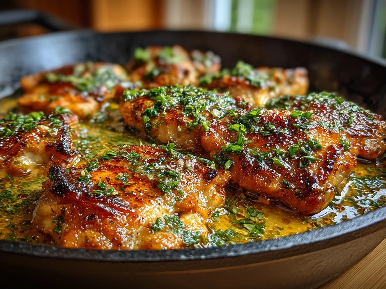 Close-up of finished Garlic Butter Chicken Thigh Skillet with golden crispy chicken thighs and garlic butter sauce
