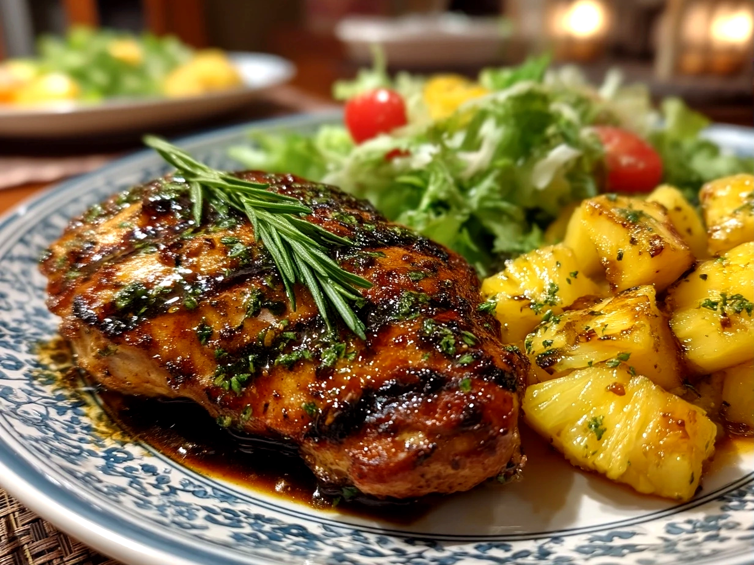 Close up of finished Grilled Mango Pineapple Chicken plated beautifully