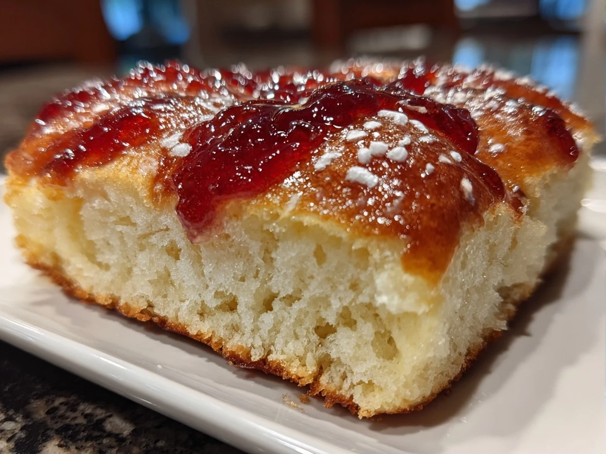 Slight angle close-up of finished jam donut focaccia showing golden crust and jam pockets