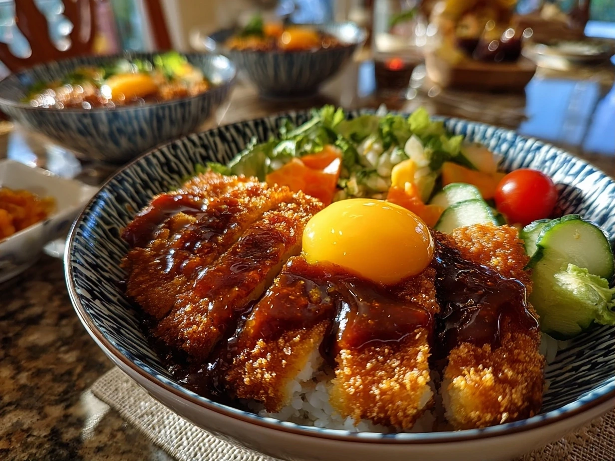 Slight angle close-up of finished Japanese Katsu Bowl with crispy cutlet and rice