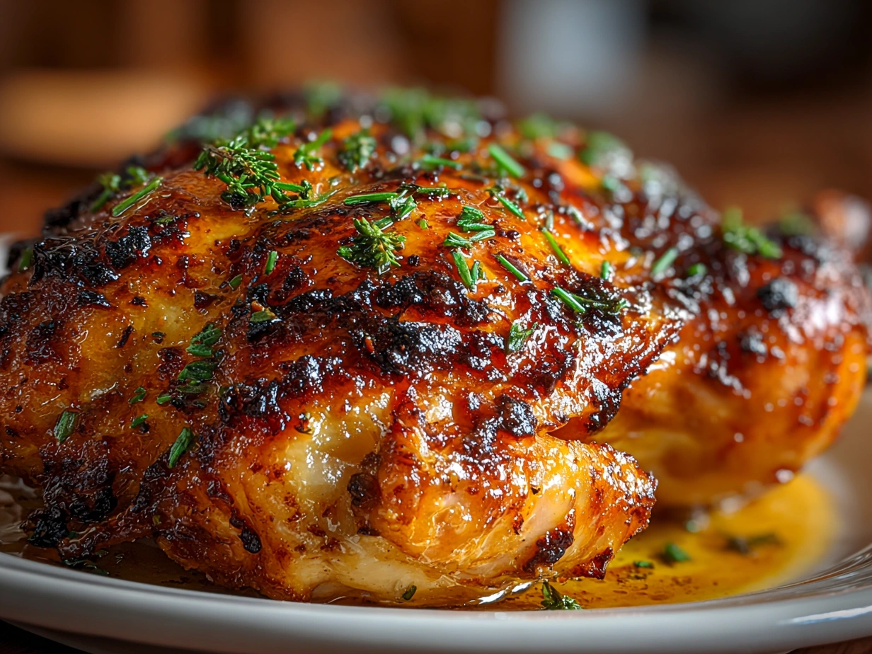 Close-up of finished Peruvian-Style Roast Chicken with crispy skin