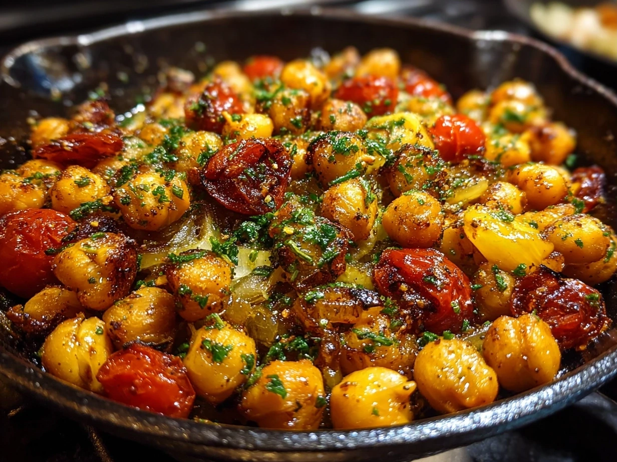 Slight angle close-up of finished Roasted Chickpea Corn Mix, golden and crispy