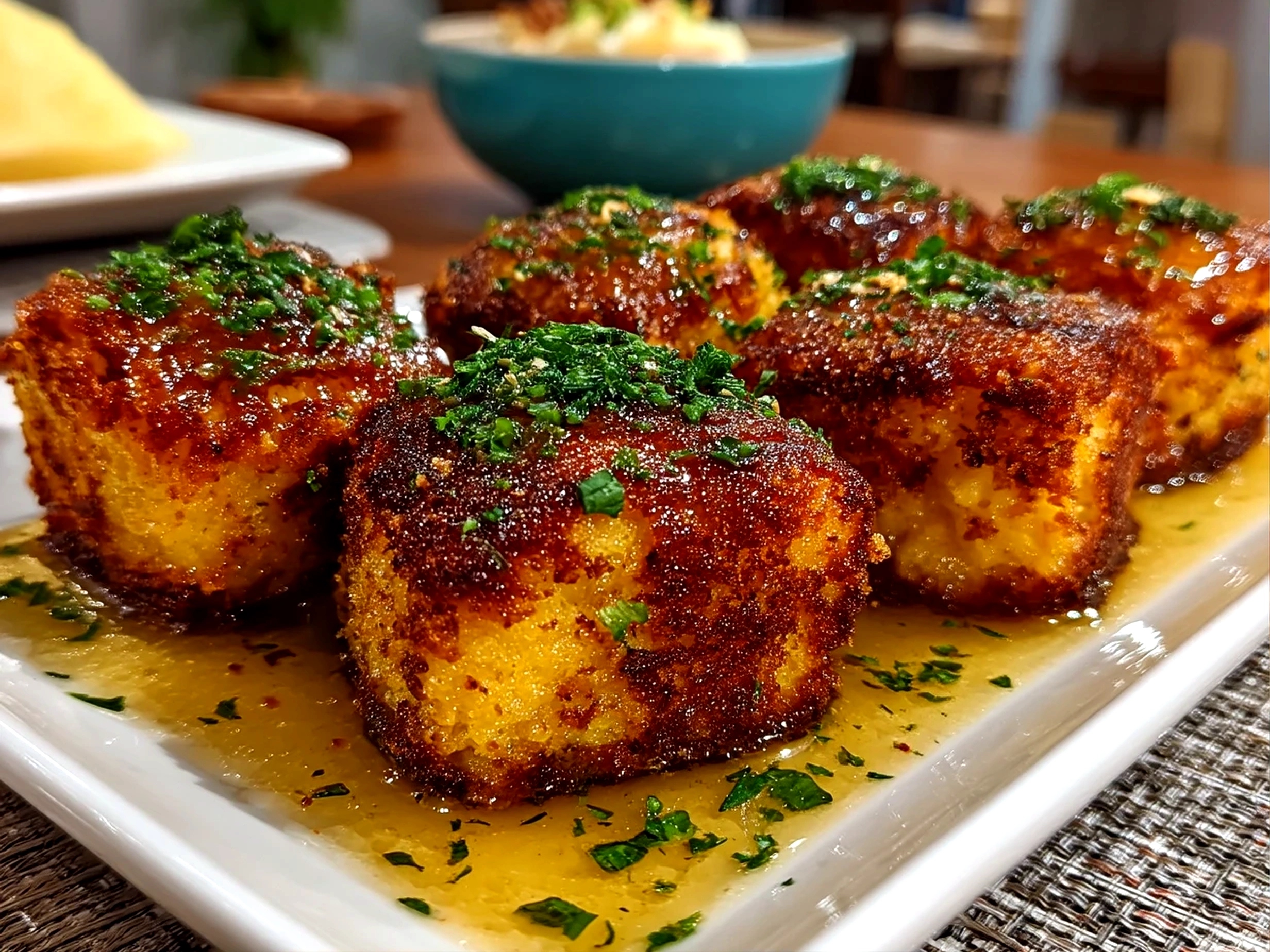Slight angle close-up of finished Southern Honey Butter Cornbread Poppers with rich inviting finish