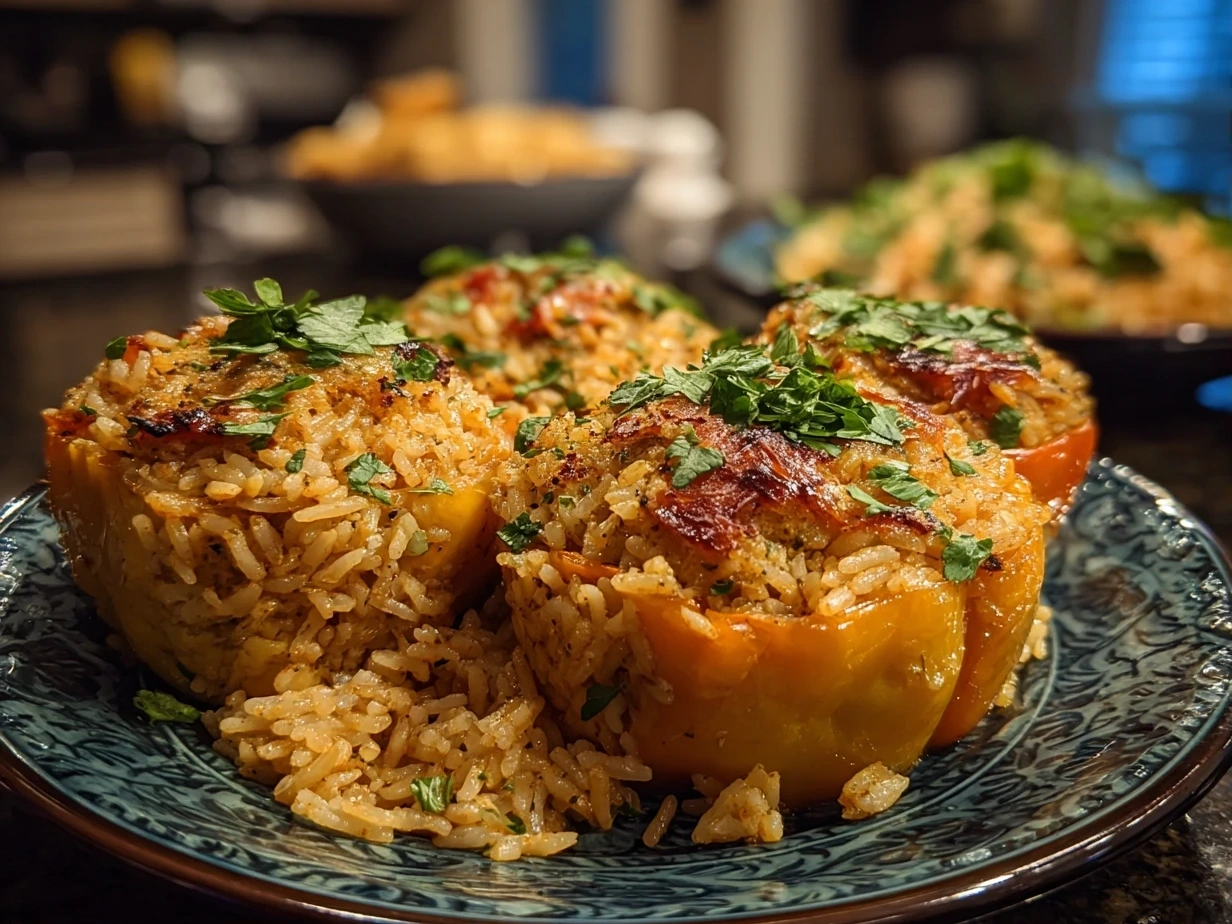 Close-up of finished Stuffed Bell Pepper Rice Boats garnished with fresh parsley