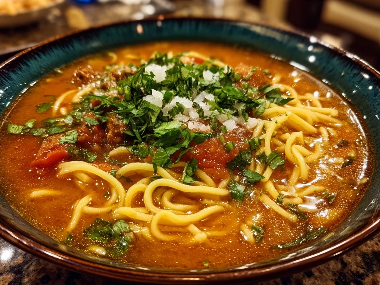 Slight angle close-up of finished tomato basil noodle soup in a bowl