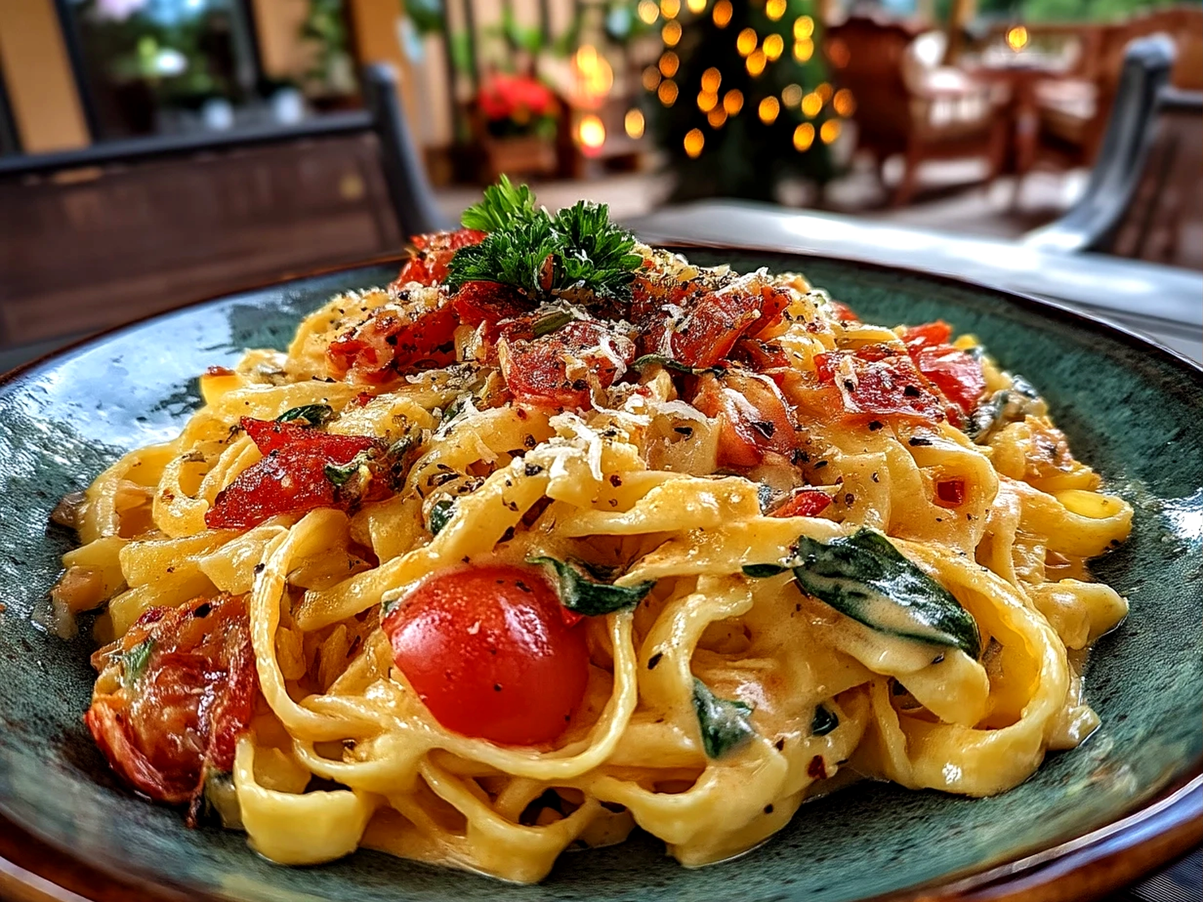 Slight angle close-up of finished Tomato Creamy Pasta garnished with parsley