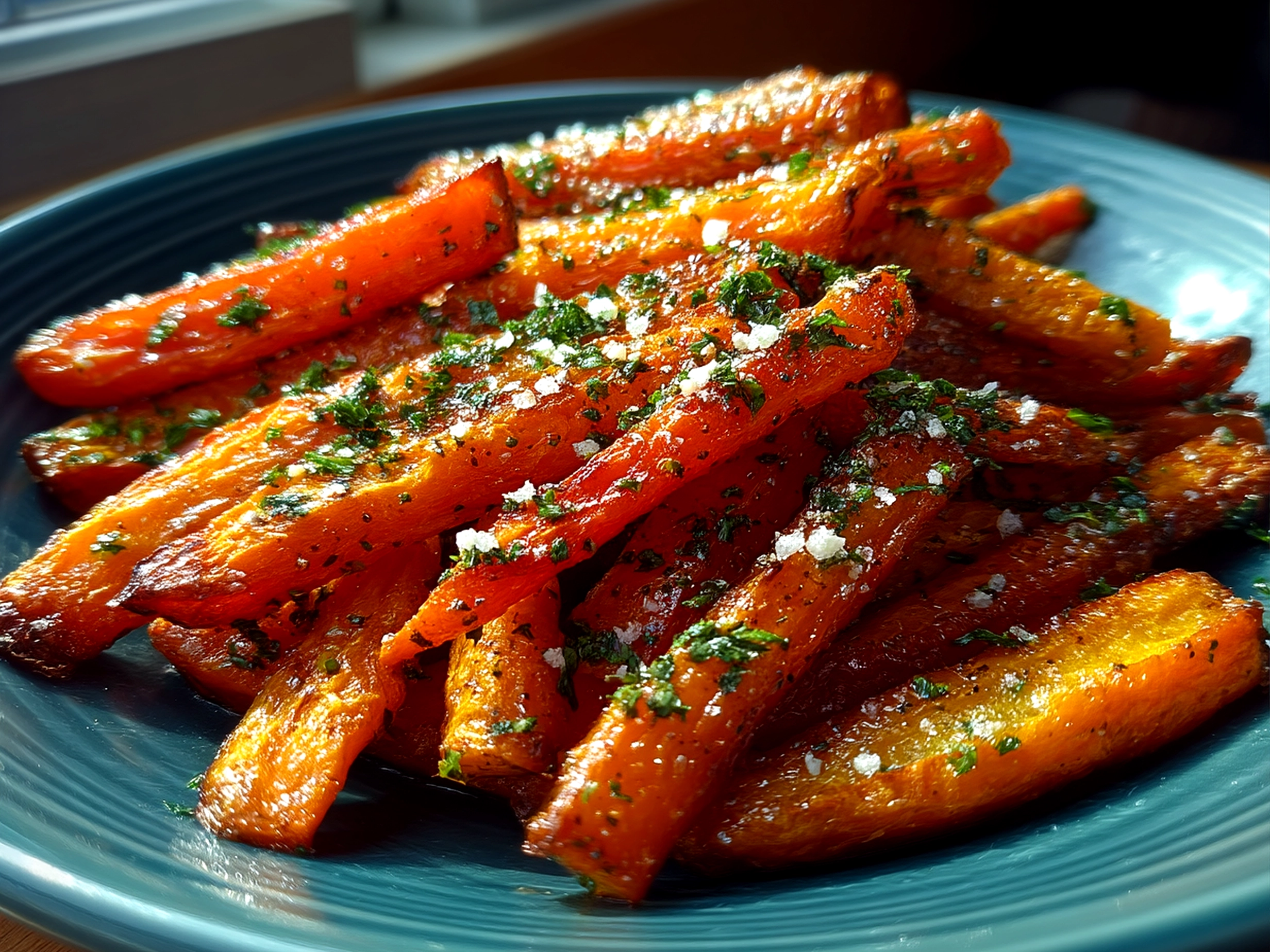 Slight angle close-up of finished Maple Carrot Fries displayed on a plate