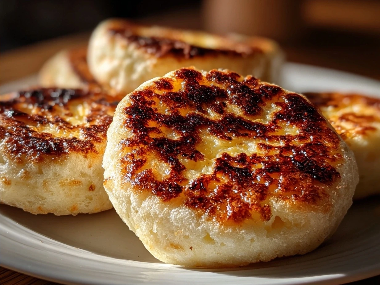 Toasted sourdough English muffins served with butter and jam on a wooden board