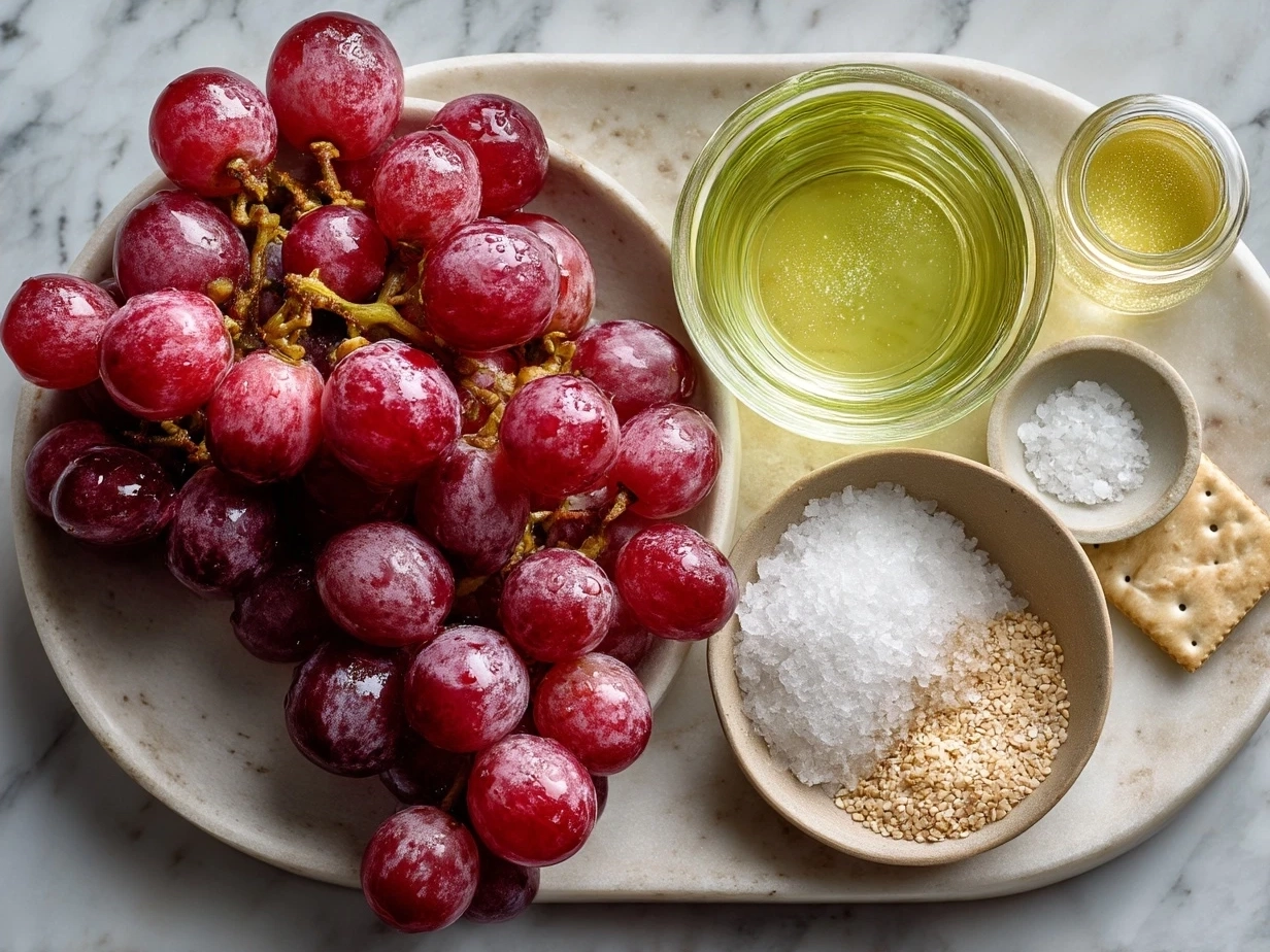 Ingredients for Sparkling Grape and Silver Cracker Platter including sparkling grapes, silver crackers, goat cheese, honey, thyme, and lemon zest