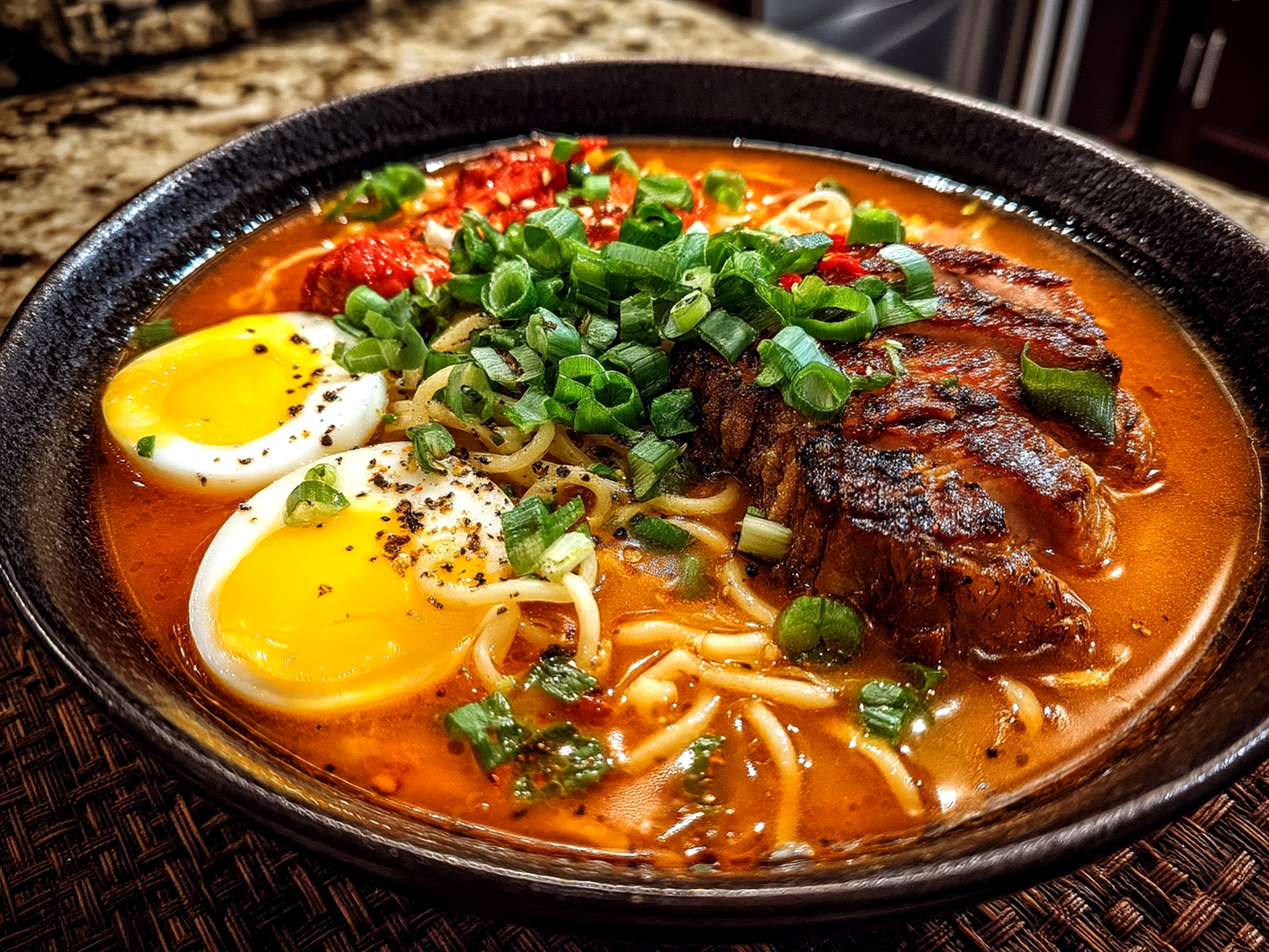 Beautifully presented bowl of spicy miso ramen with boiled eggs, green onions, and sesame seeds