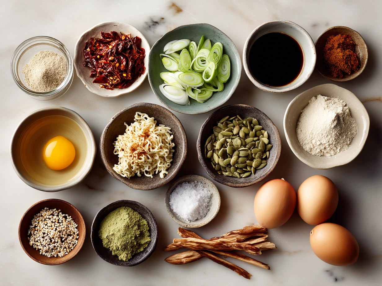 Ingredients for spicy miso ramen including broth, miso paste, chili paste, ginger, garlic, ramen noodles, and toppings
