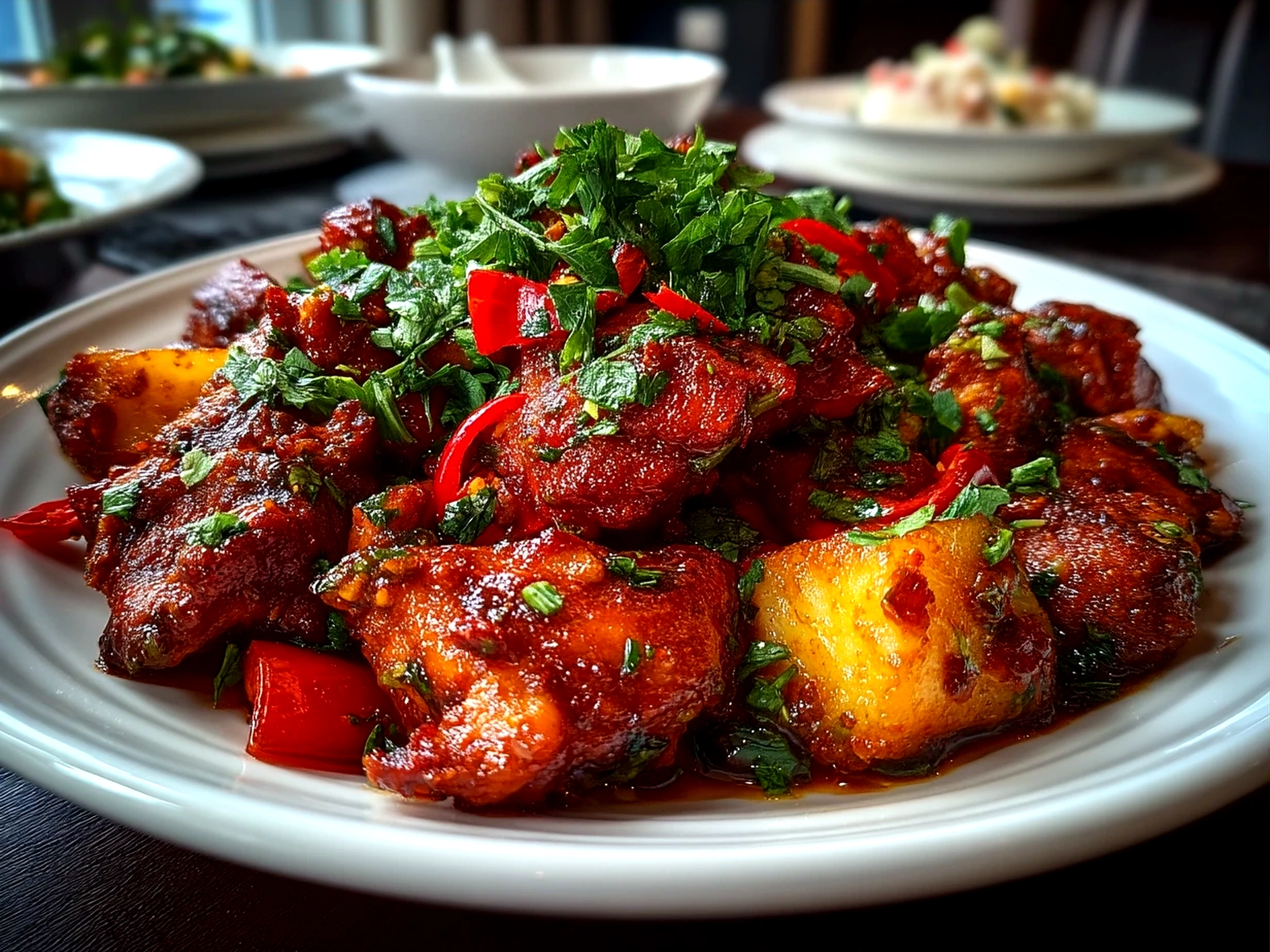 Plated Spicy Portuguese Chilli Chicken garnished with lemon and fresh herbs, served with fresh salad
