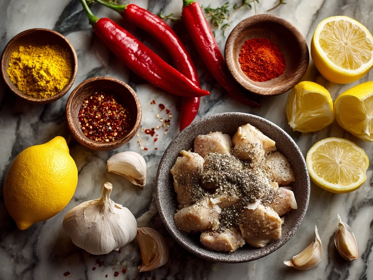 Ingredients for Spicy Portuguese Chilli Chicken including chicken, spices, lemon, and olive oil