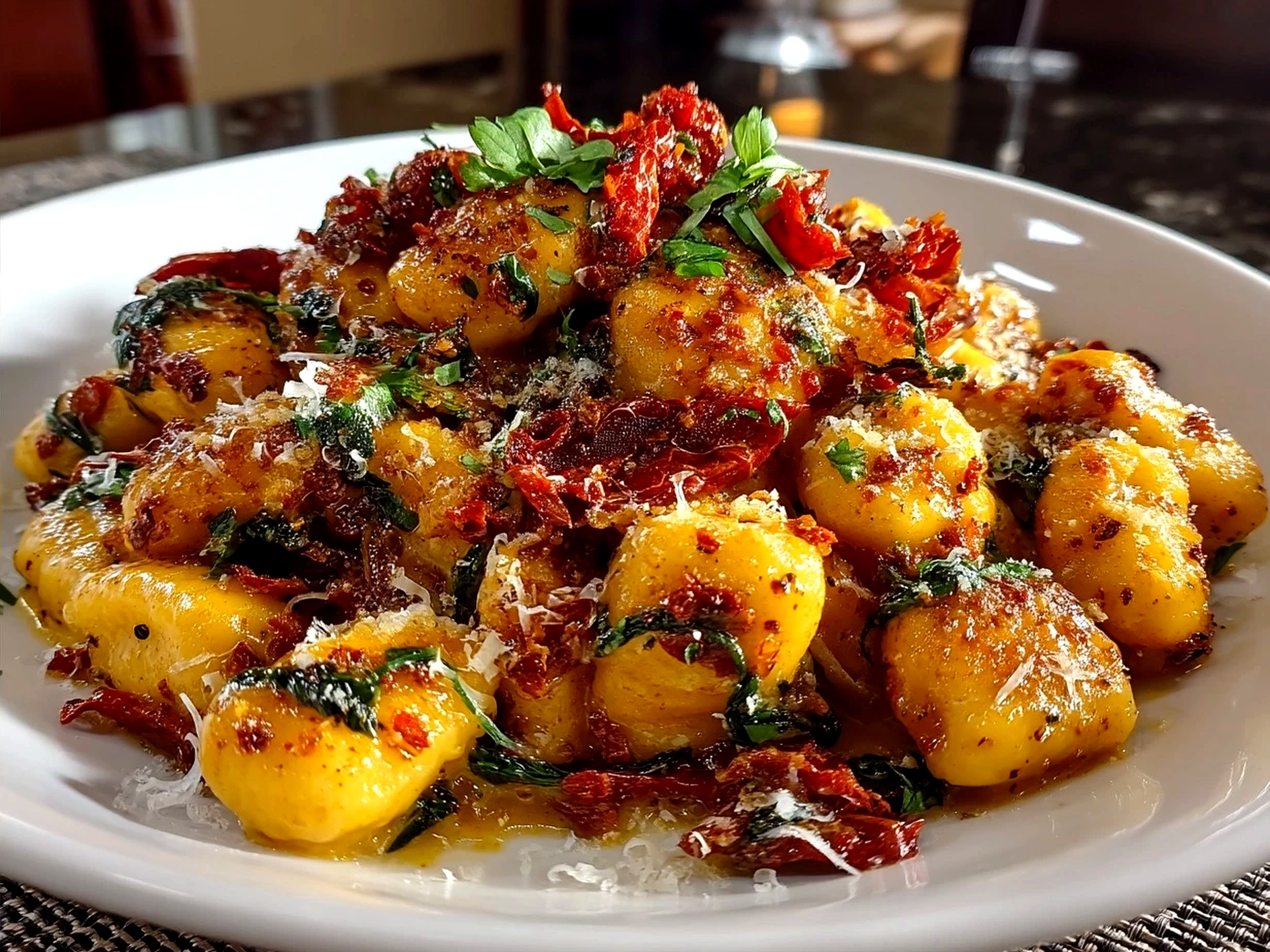 Creamy Sun-Dried Tomato Gnocchi garnished with fresh basil on a plate