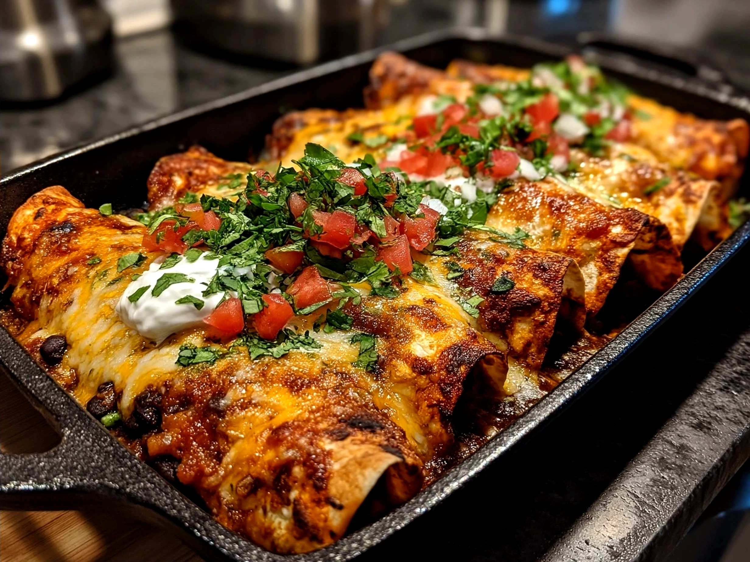 Baked Sweet Potato Black Bean Enchiladas served with avocado and cilantro garnishes