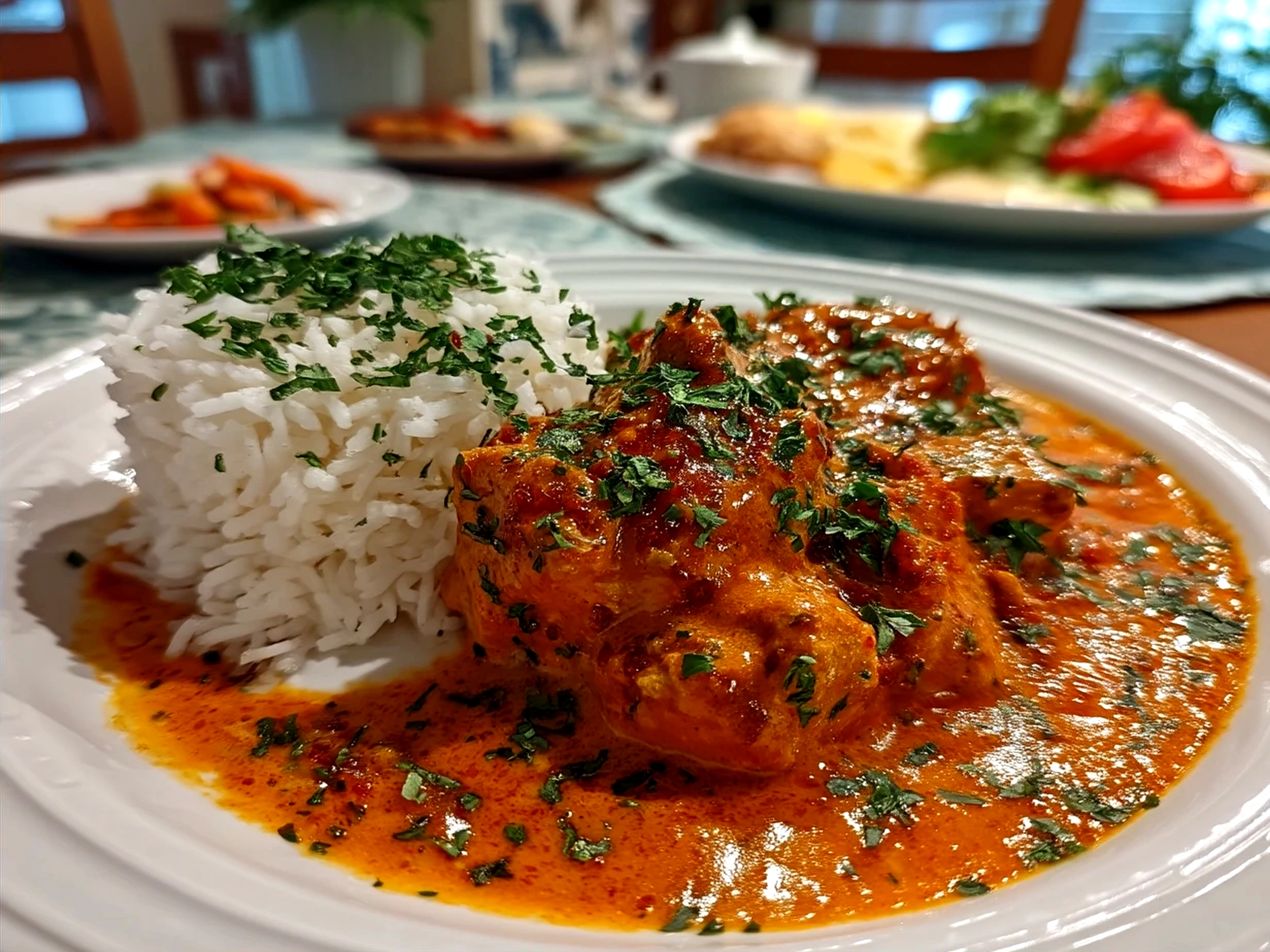 Serving warm Tikka Masala Sauce garnished with fresh cilantro alongside rice and naan bread