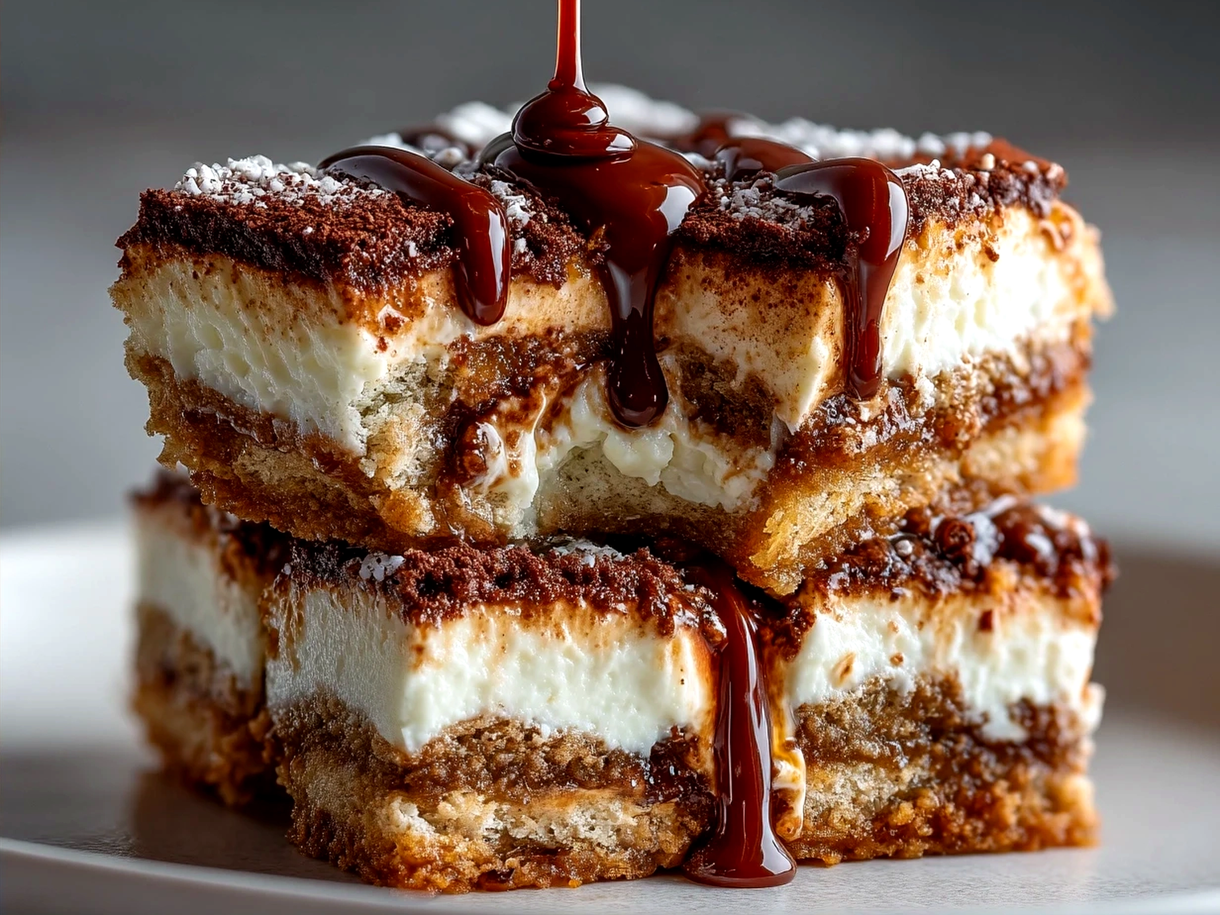 Finished tiramisu bars served on a plate dusted with cocoa powder and garnished with chocolate shavings