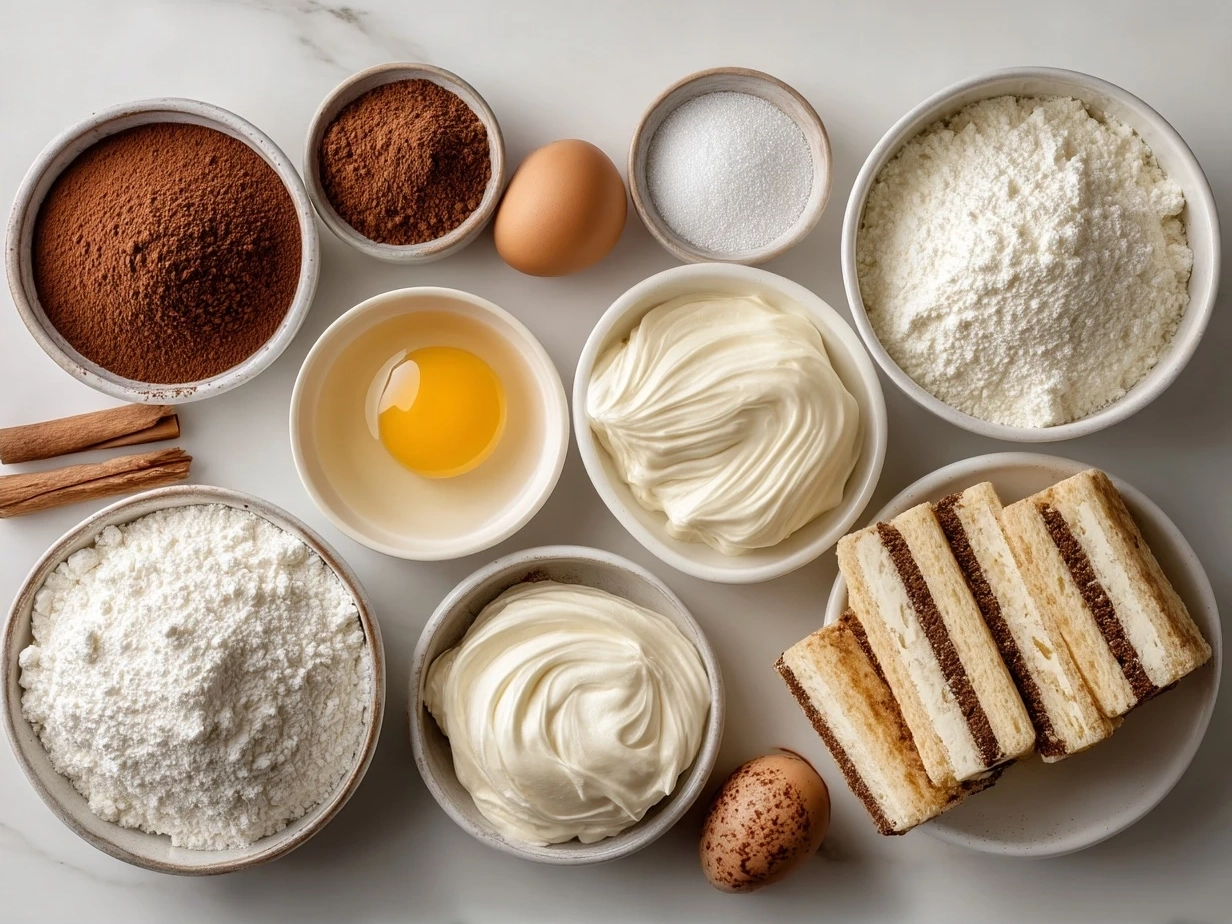 Ingredients for making tiramisu bars: ladyfingers, coffee, mascarpone, cream cheese, powdered sugar, heavy cream and cocoa powder