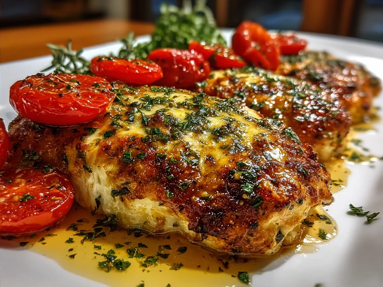 Delicious plated Tomato Basil Baked Chicken with melted cheese and fresh basil garnish