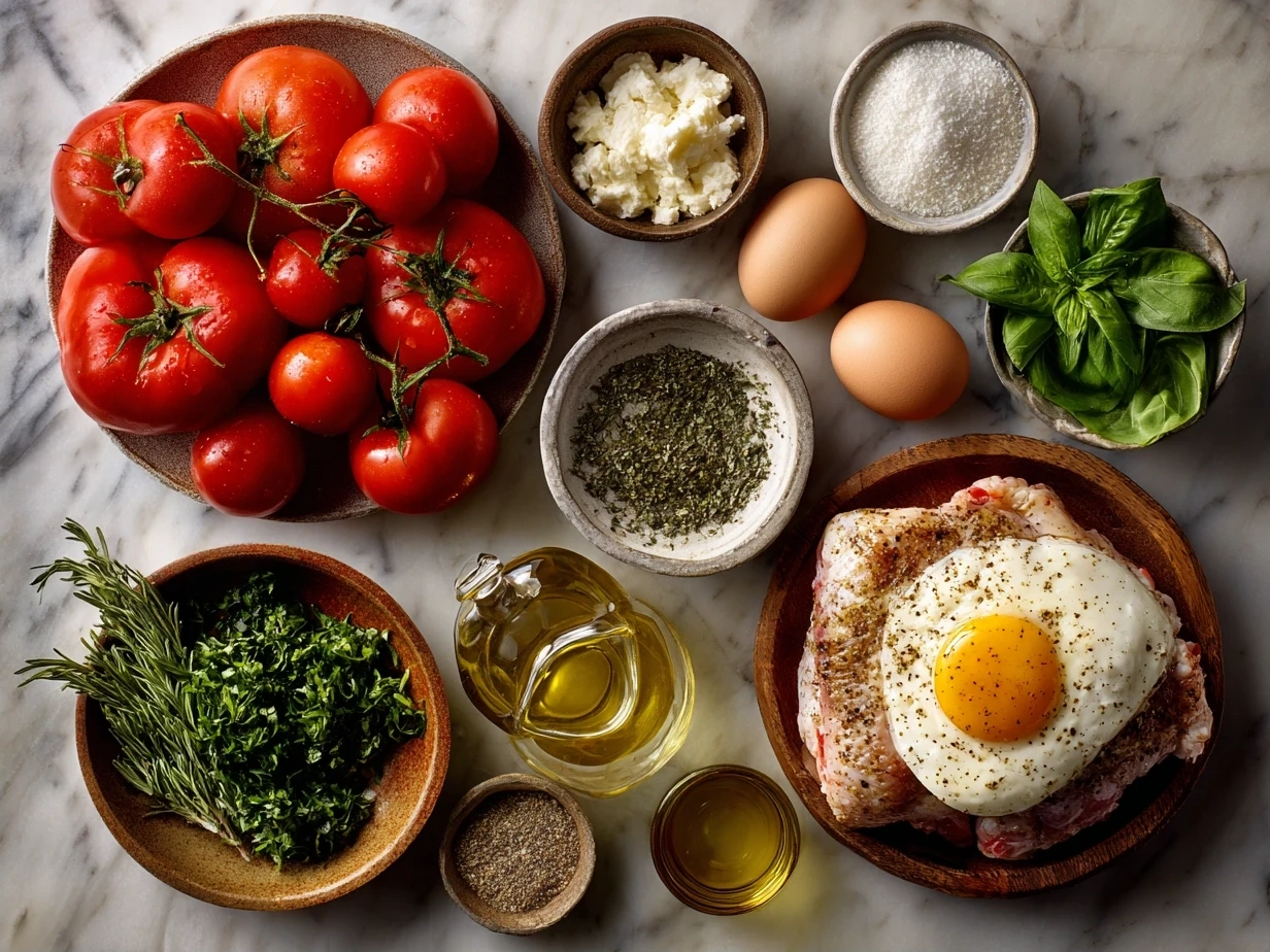 Fresh ingredients for Tomato Basil Baked Chicken including chicken breasts, tomatoes, basil, garlic, cheese, and olive oil