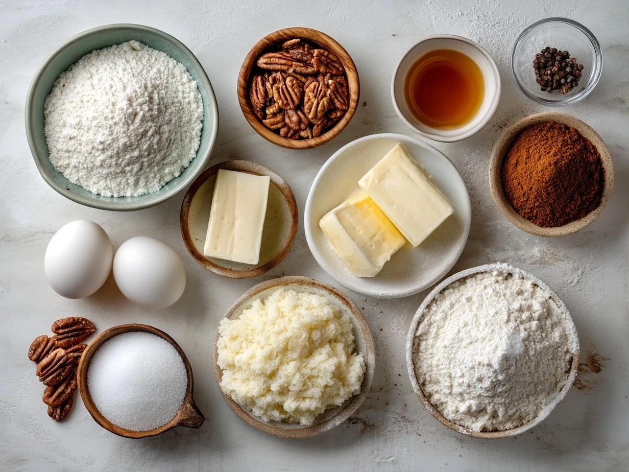 Top down view of fresh ingredients ready for making carrot cake bars including flour, carrots, eggs, and spices