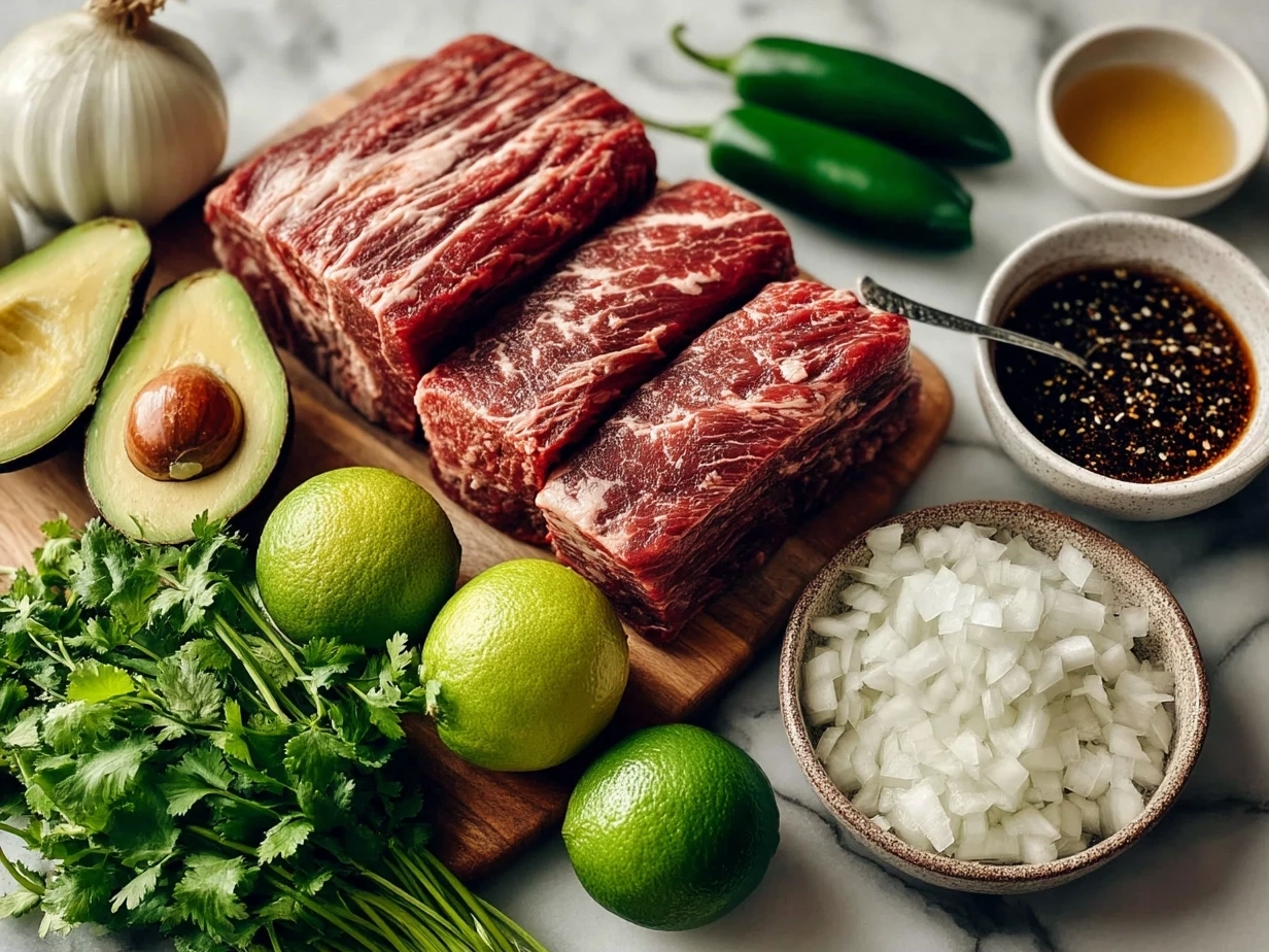 Top down ingredients for birria tacos on pristine white marble countertop