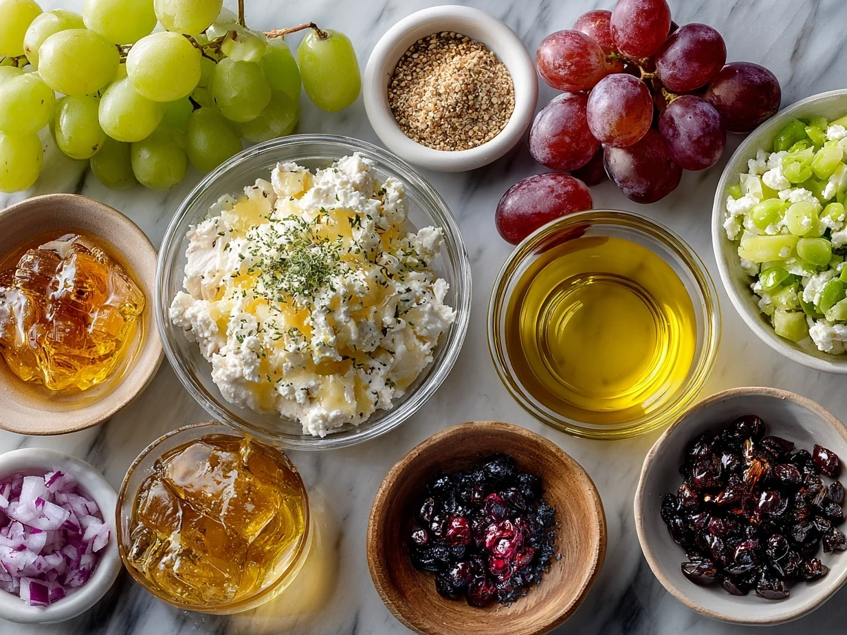 Ingredients for Chicken Salad Chick Grape Salad including grapes, cream cheese, sour cream, sugar, vanilla, and nuts