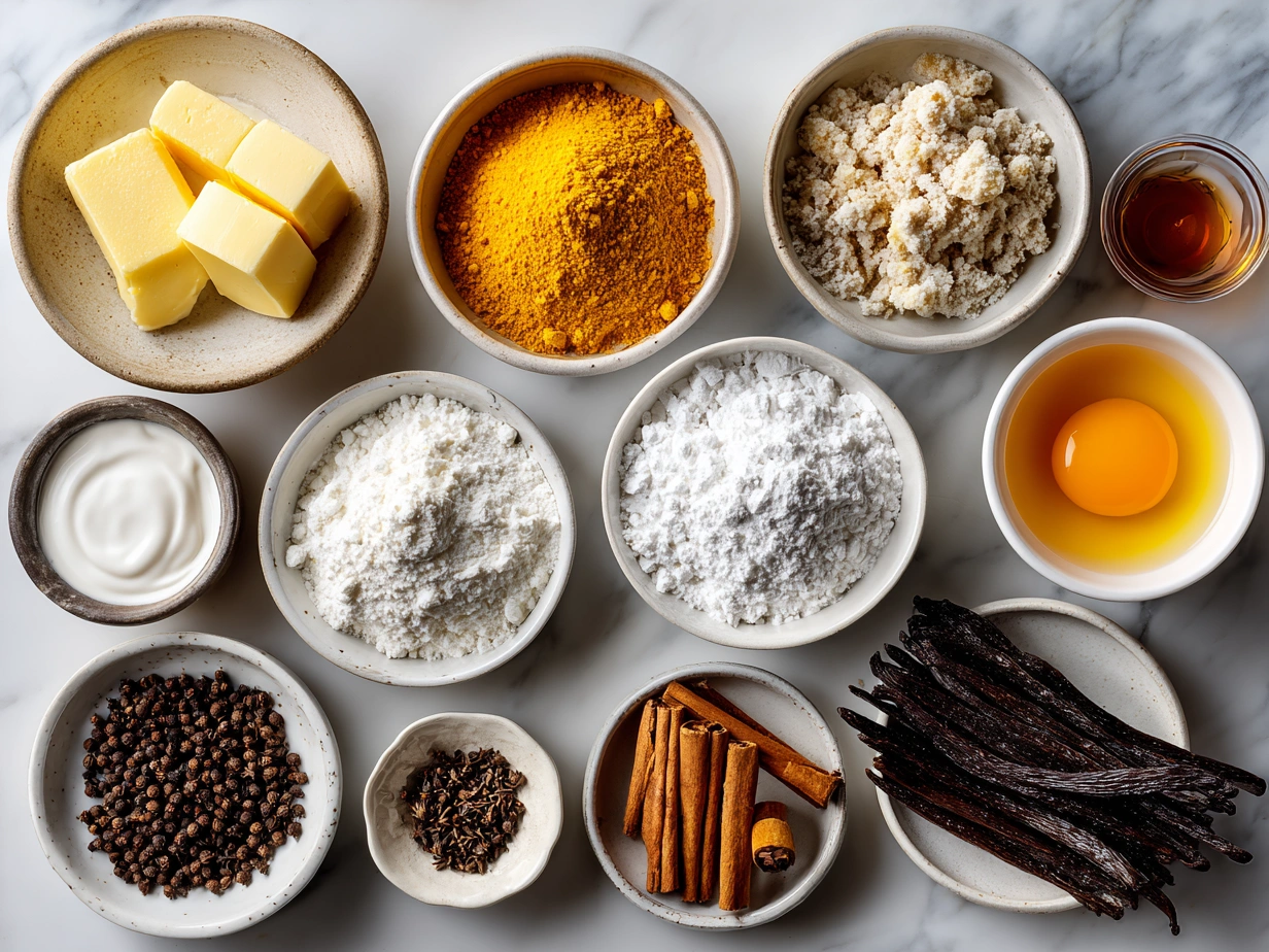 Top down view of ingredients for Orange Clove Cookies including flour, spices, butter, and oranges