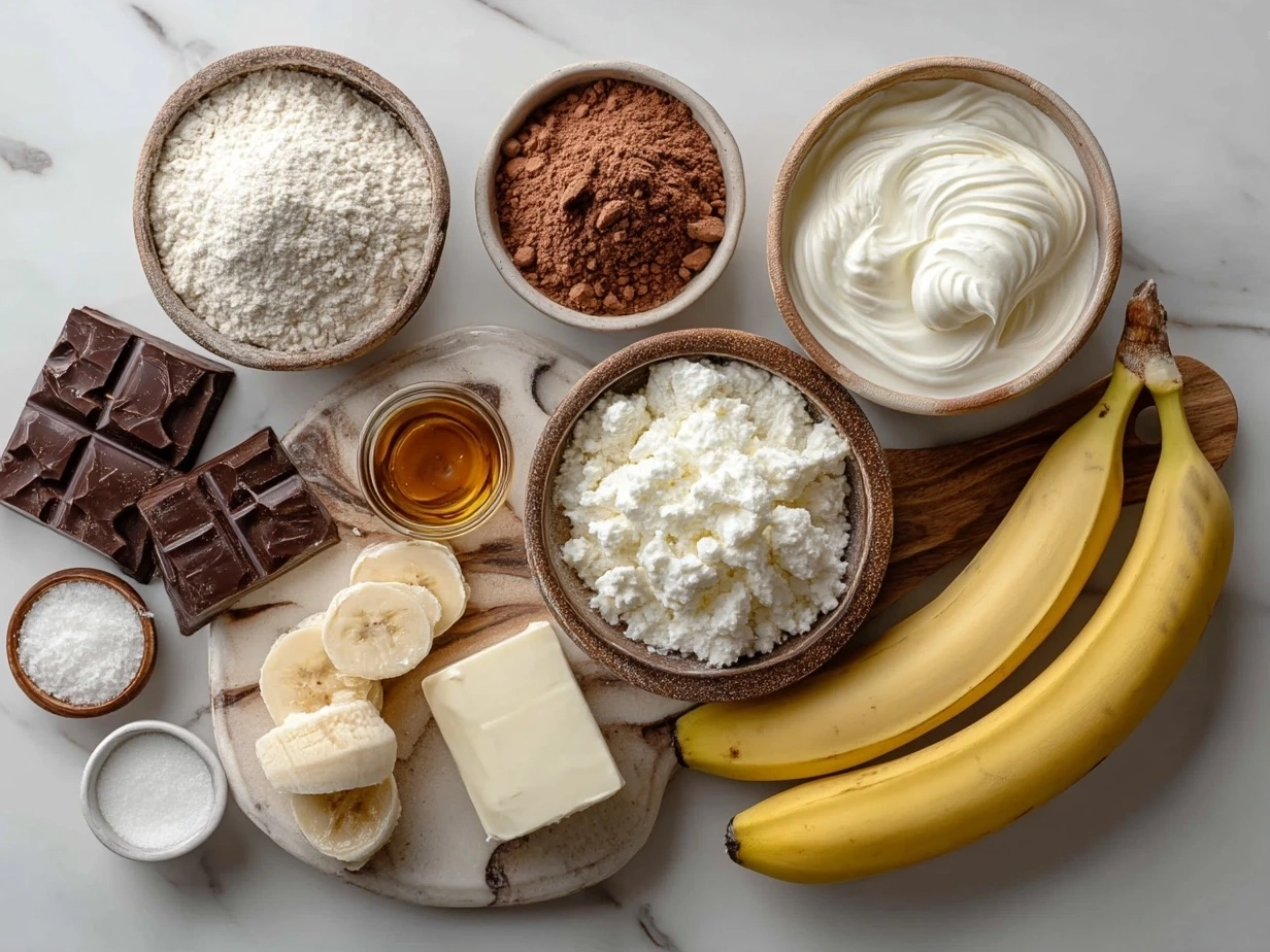 Top-down ingredients layout for Chocolate Greek Yogurt Bark including Greek yogurt, cocoa powder, honey, vanilla, chocolate chips, nuts, and shredded coconut