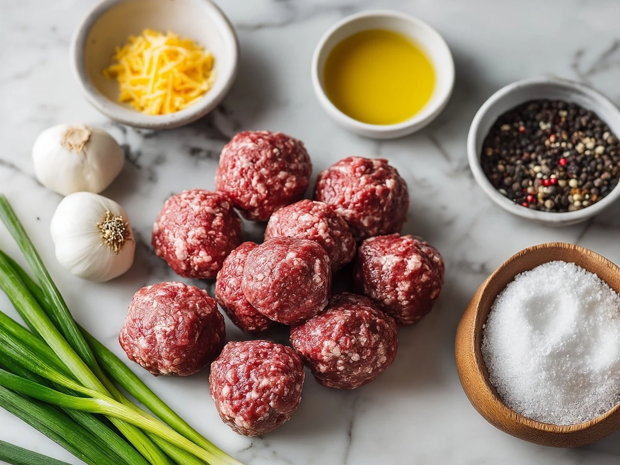 Top-down view of ingredients for Korean BBQ Meatballs including ground beef, garlic, panko, soy sauce, and gochujang