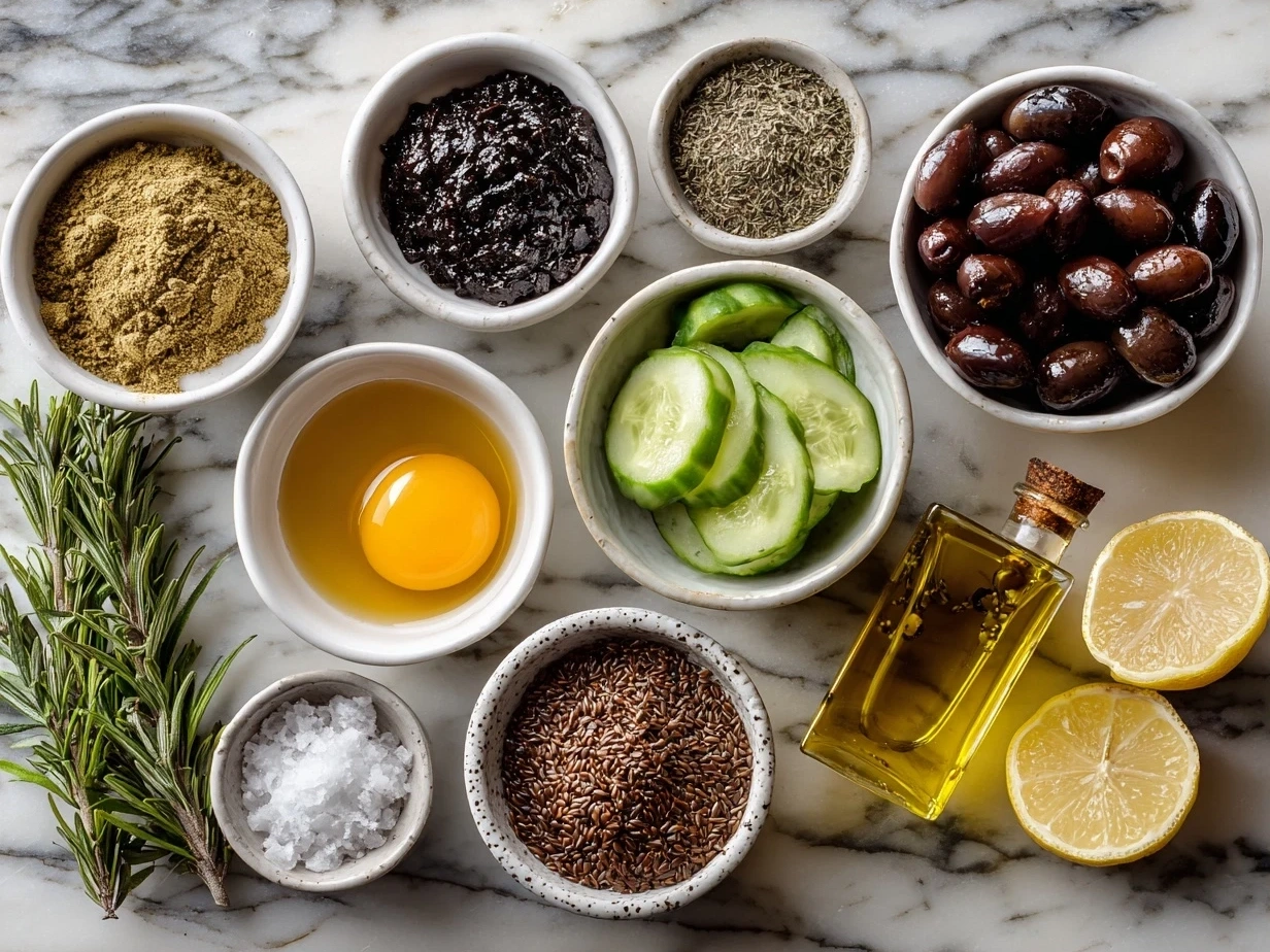 Top down view of raw ingredients for balsamic vinaigrette on a wooden table