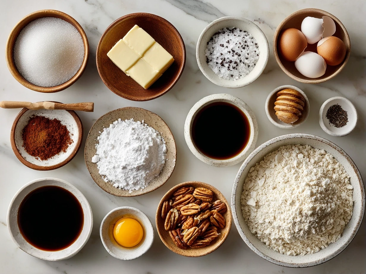 Ingredients for Butternut Squash-Apple Coffee Cake laid out on marble surface