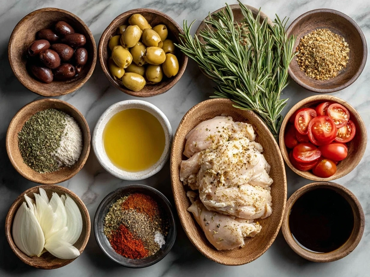 Raw ingredients for Cajun Chicken Pasta arranged on marble surface