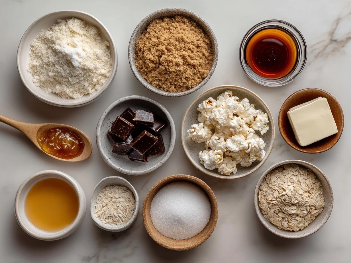 Top-down view of the raw ingredients for Caramel Popcorn Balls including popcorn, brown sugar, butter, corn syrup, salt, vanilla, and baking soda